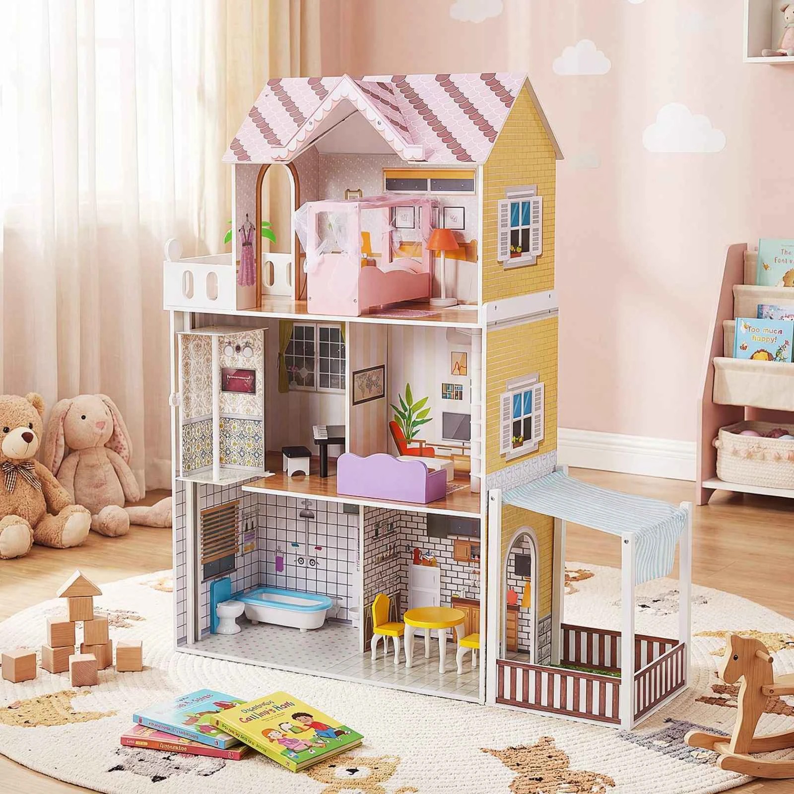 2 Costway 3-Story Pretend Dollhouse Family DIY Play House - Pink, 2 of 3