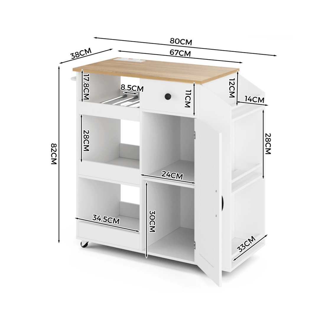 2 Advwin Kitchen Island Cart on Wheels with Charging Station Adjustable Shelves Wine Rack& Wood Top - White, 2 of 8