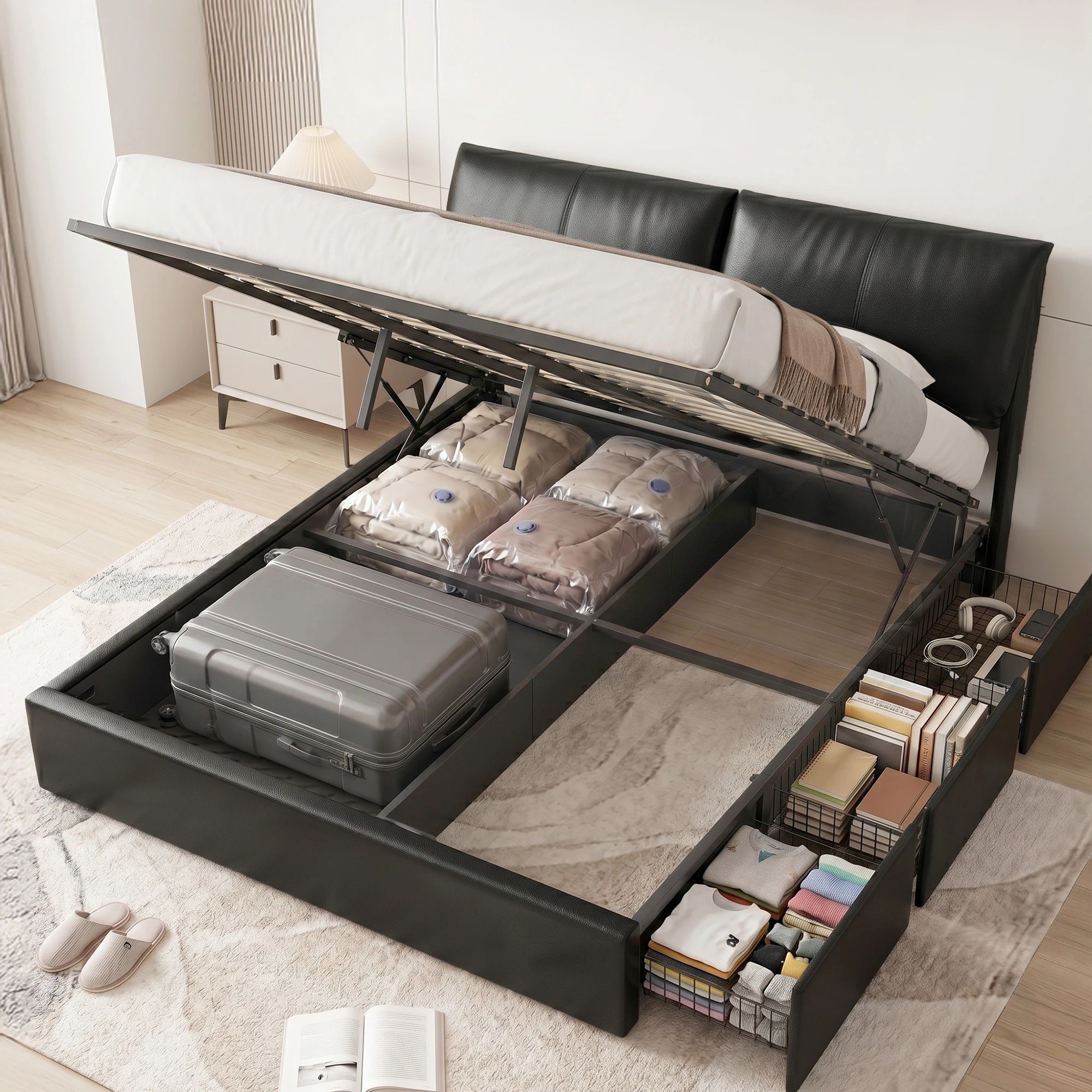 3 Artiss King Bed Frame Gas Lift Storage 3 Drawers Adjustable Headboard Platform Bed - Black, 3 of 9