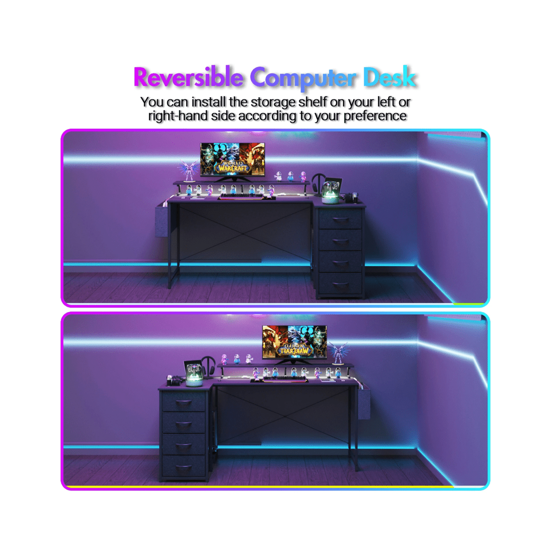 6 Advwin 160cm Black L Shaped Gaming Desk With Led Lights & Power Outlets Convertible Computer Desk With Monitor Stand, 6 of 10