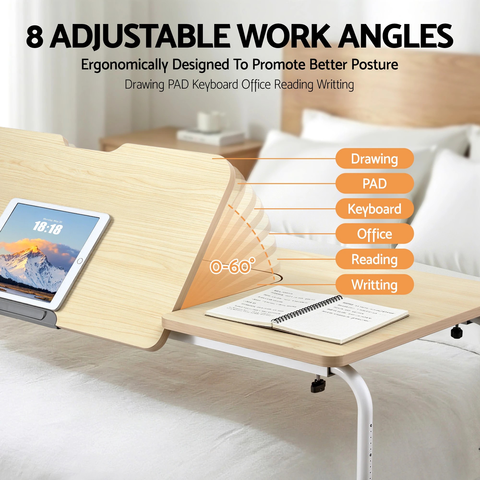 3 Artiss Mobile Laptop Desk Overbed Table Adjustable Computer Stand Bedside Cart - Natural, 3 of 6
