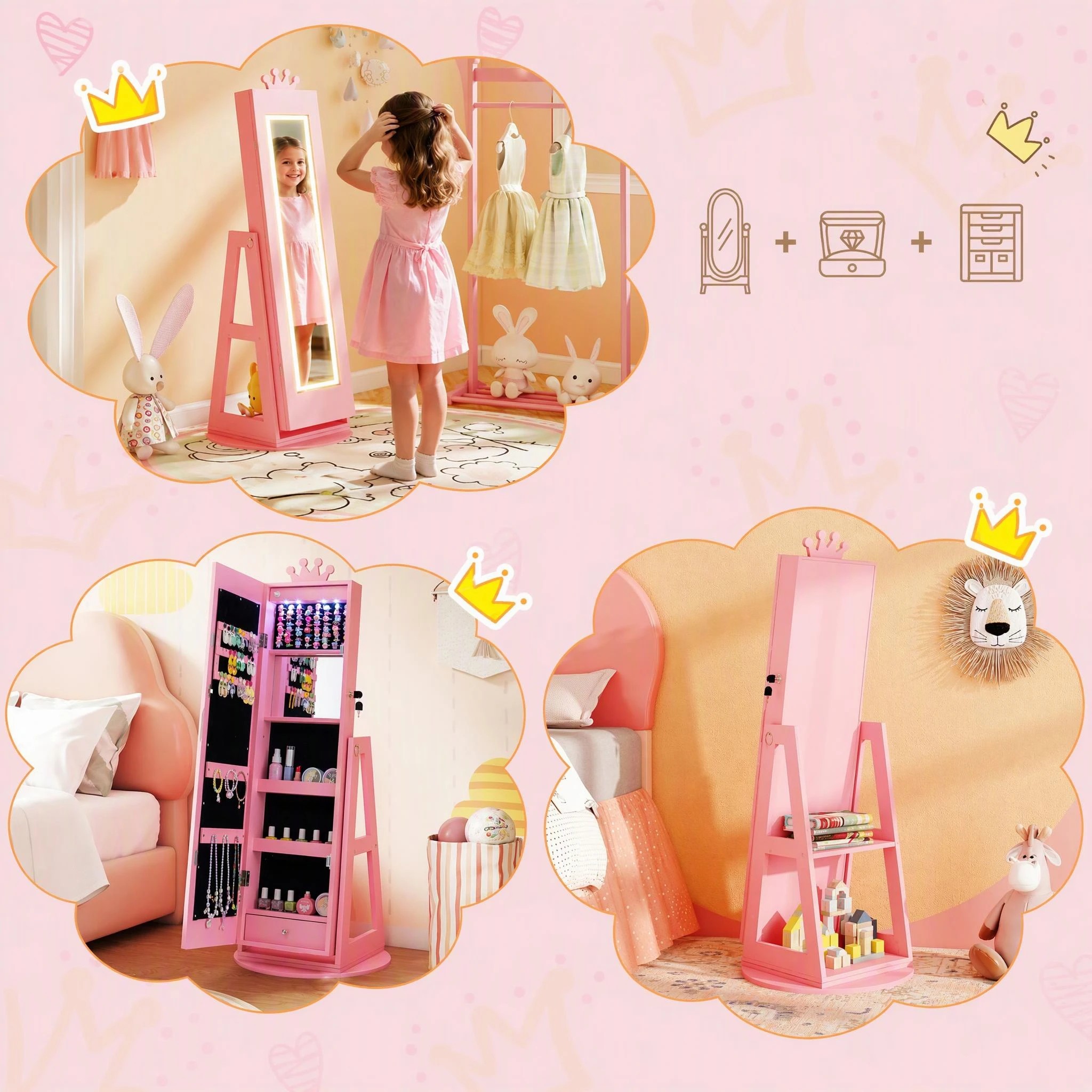 2 Costway Swivel Mirror Jewellery Cabinet Jewelry Organizer Standing Box Princess Armoire - Pink, 2 of 2
