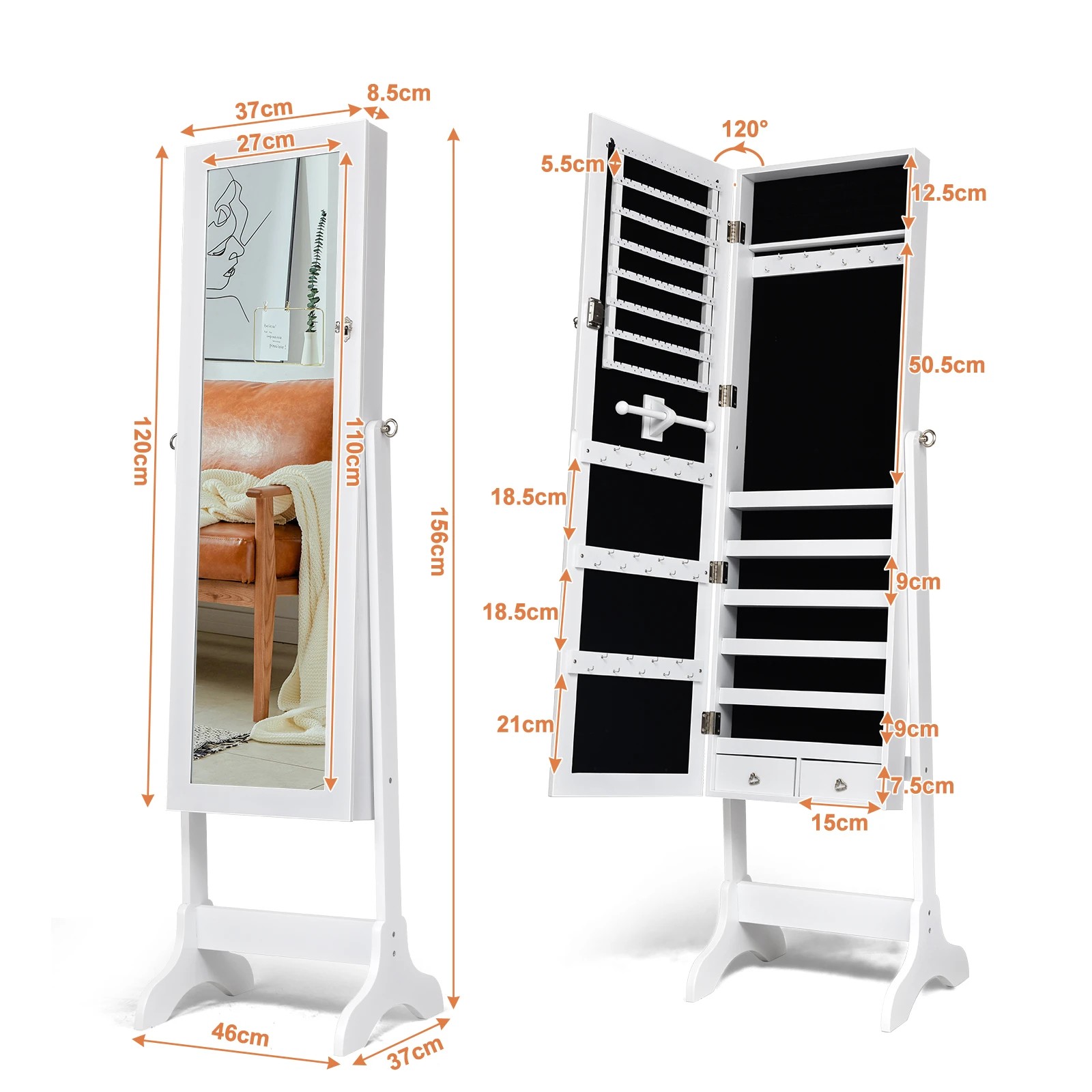 2 Costway Jewellery Cabinet Makeup Storage Organiser w/Full-Length Mirror Floor Jewellery Armoire - White, 2 of 3