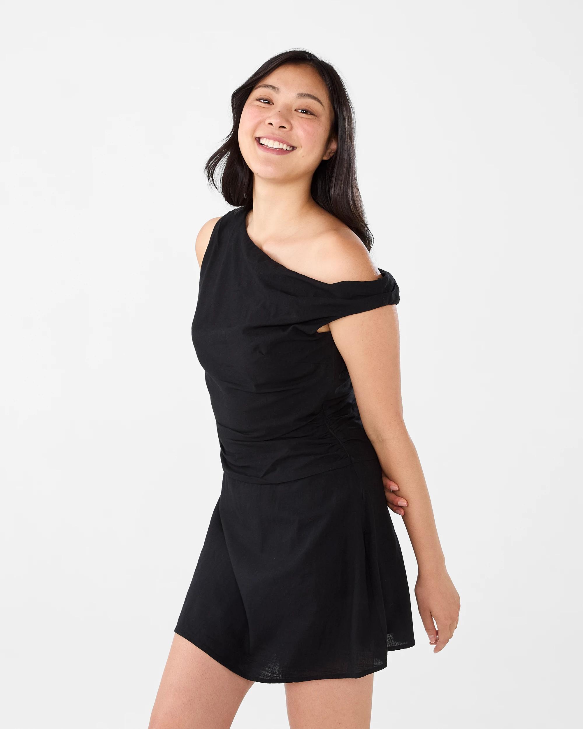 2 Sleeveless Asymmetrical Off Shoulder Mini Dress Black, 2 of 8