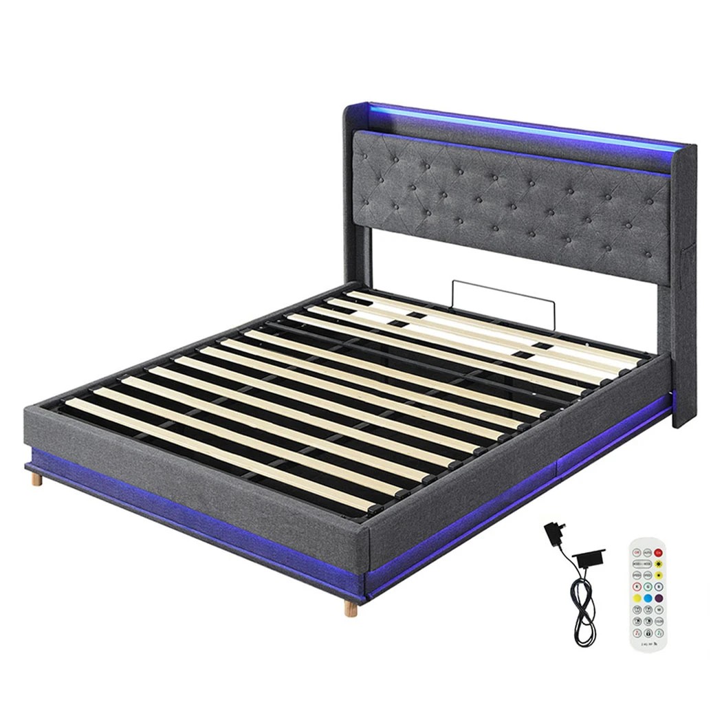 1 Levede K Size Bed Frame Fabric with LED and Charging Station, 1 of 8