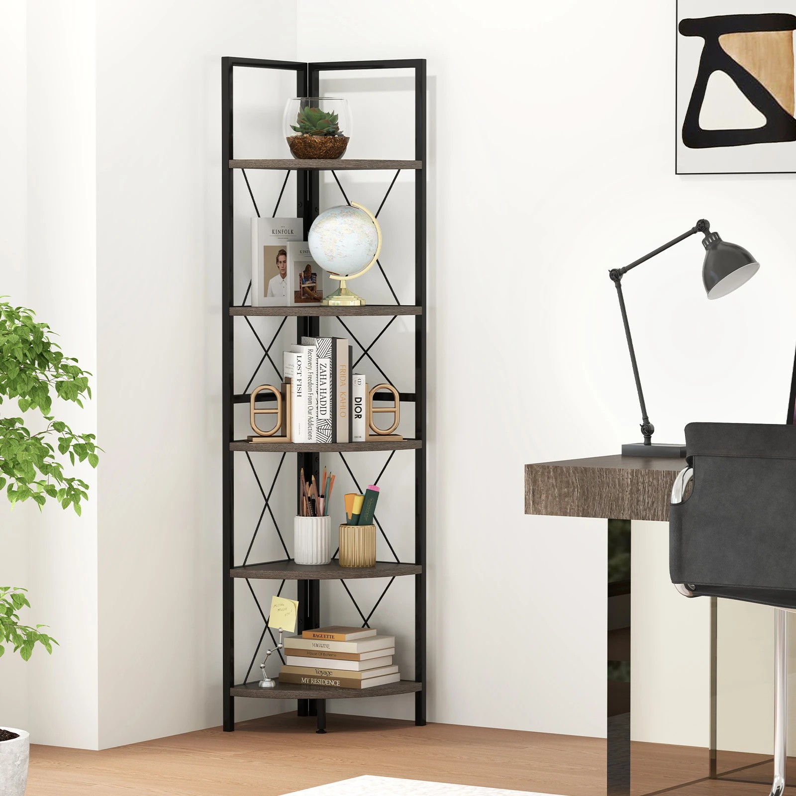 2 Costway 5-Tier Corner Shelf Steel Frame Storage Rack Home Office Display Shelf Plant Stand, 2 of 4