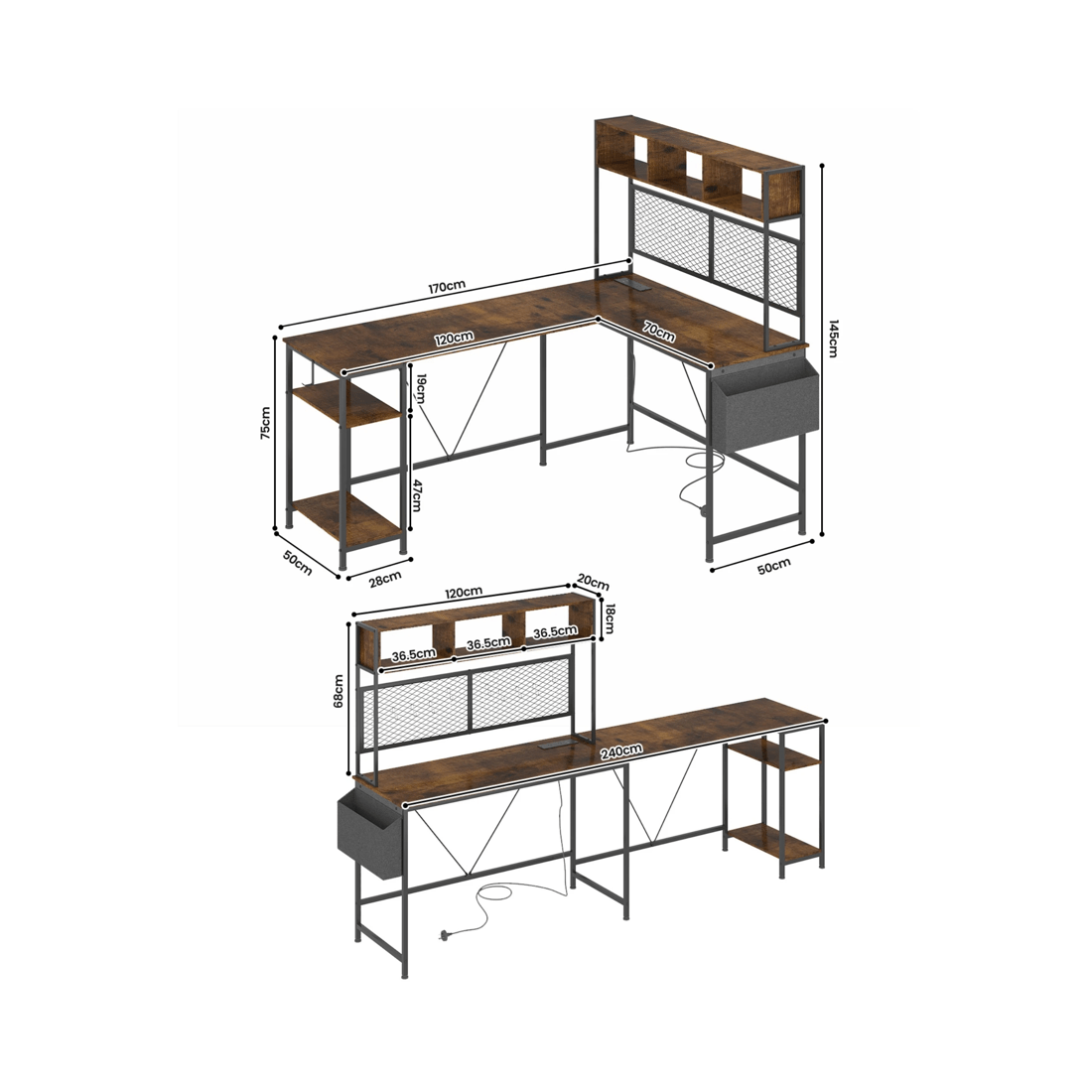 2 Advwin 170cm L Shaped Gaming Desk With Led Lights & Power Outlets Reversible Storage Shelf Computer Corner Desk Walnut, 2 of 10