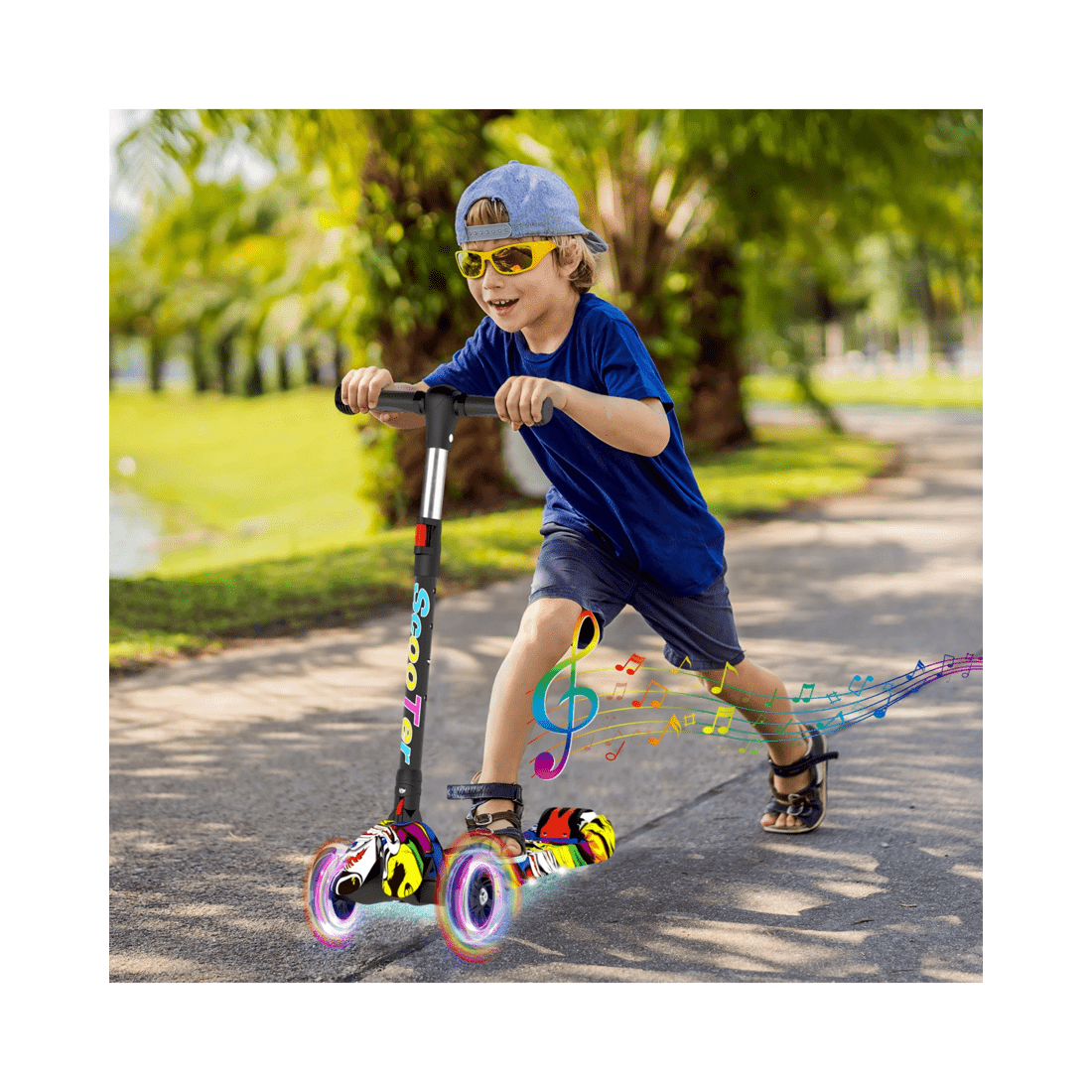 3 Advwin Foldable Kids Scooter w/ Music Light Up 3 Wheels Graffiti, 3 of 10