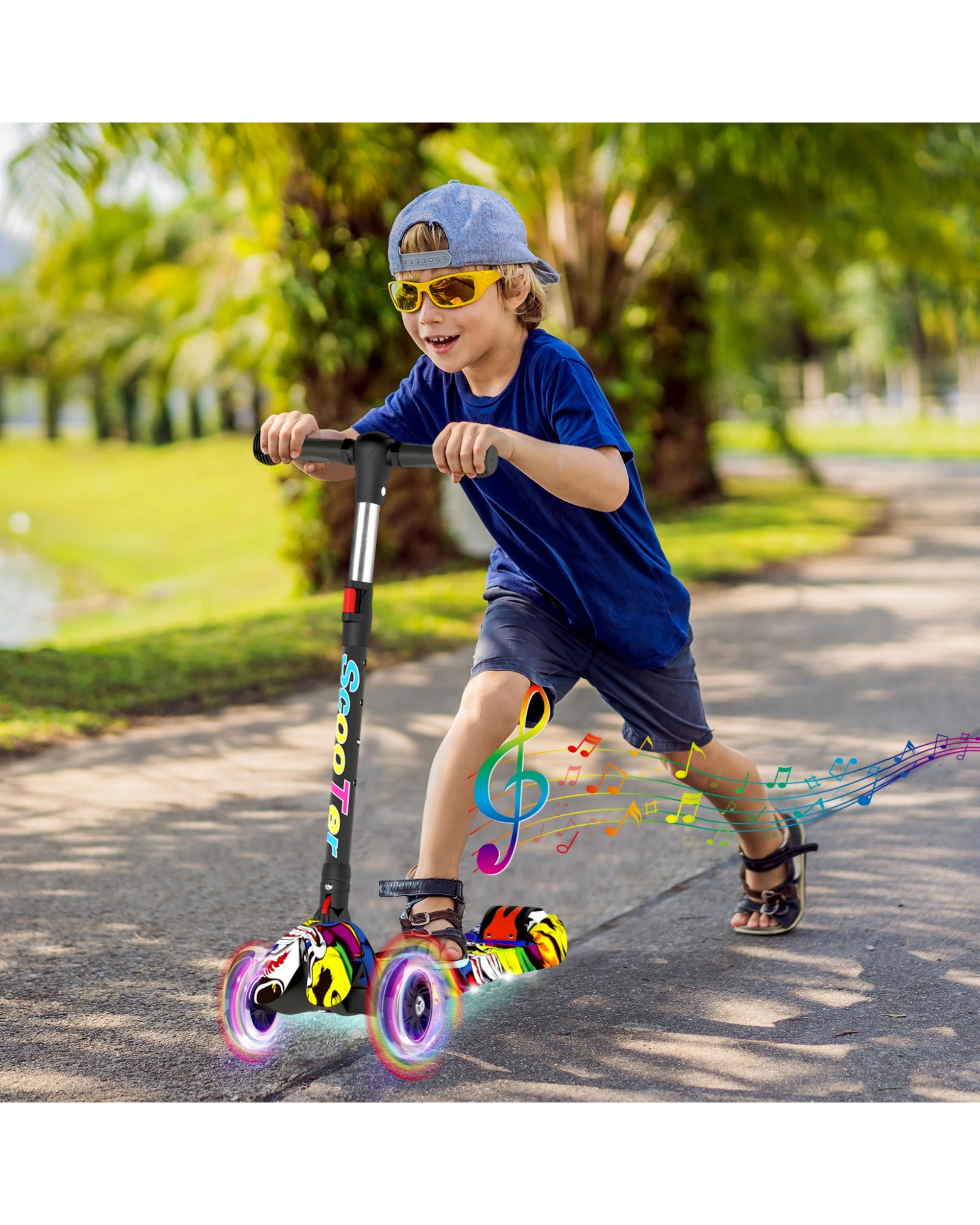 3 Advwin Foldable Kids Scooter w/ Music Light Up 3 Wheels Graffiti, 3 of 10