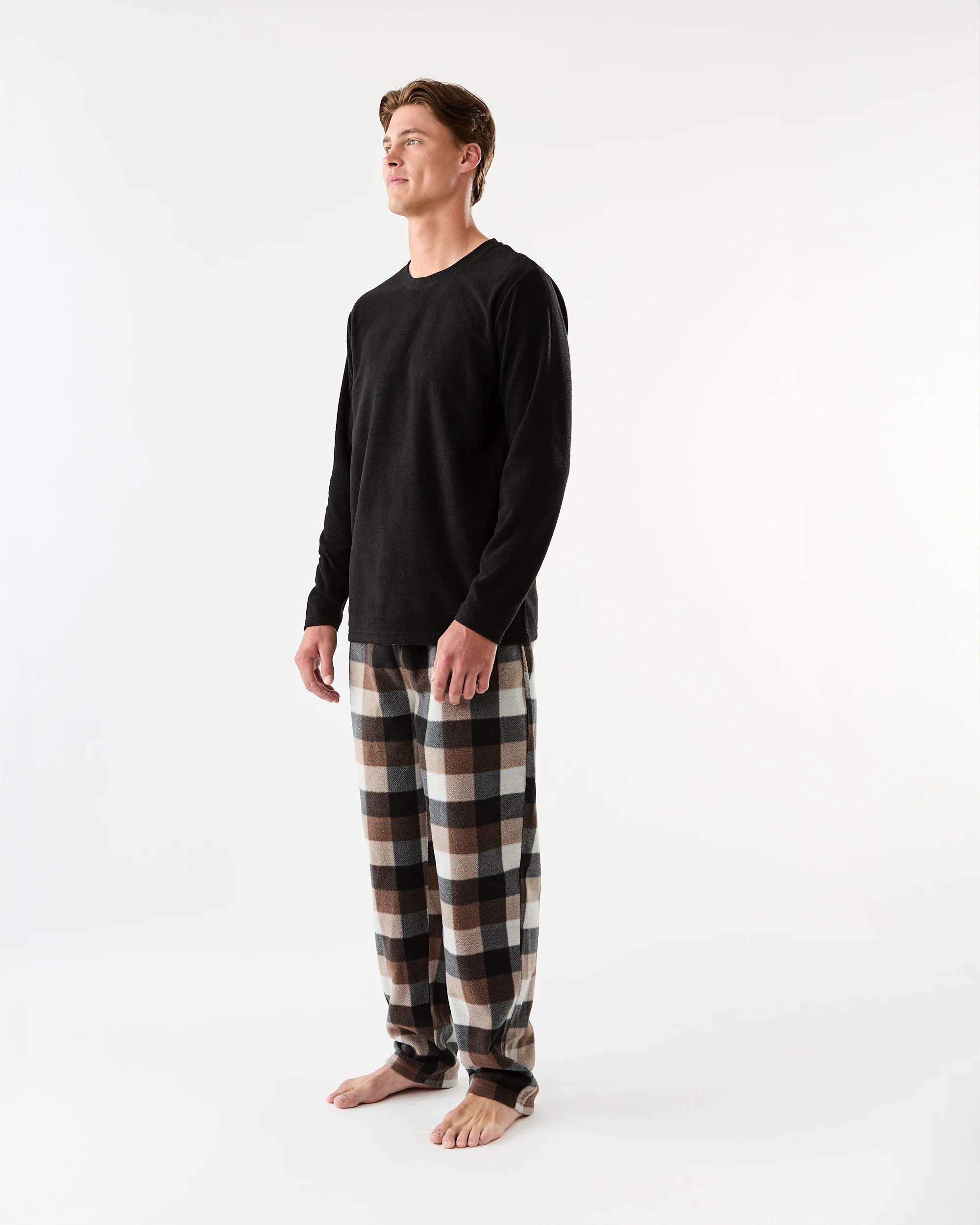 2 Long Sleeve Fleece Pyjama Set Bwn Check, 2 of 6
