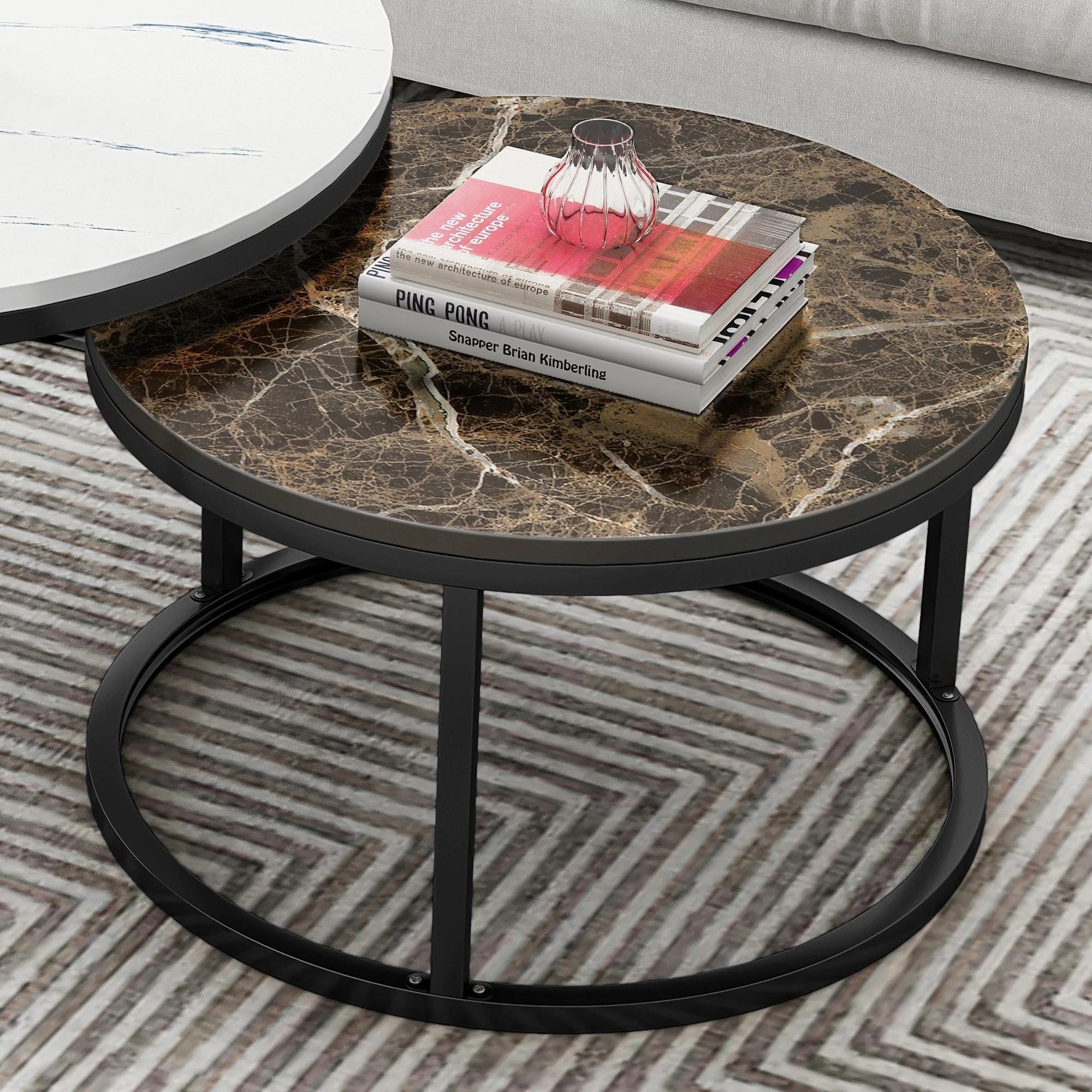 4 Foret Coffee Table Nesting Side 2pc Set 80cm Tea Marble Tempered Glass Brown White, 4 of 6