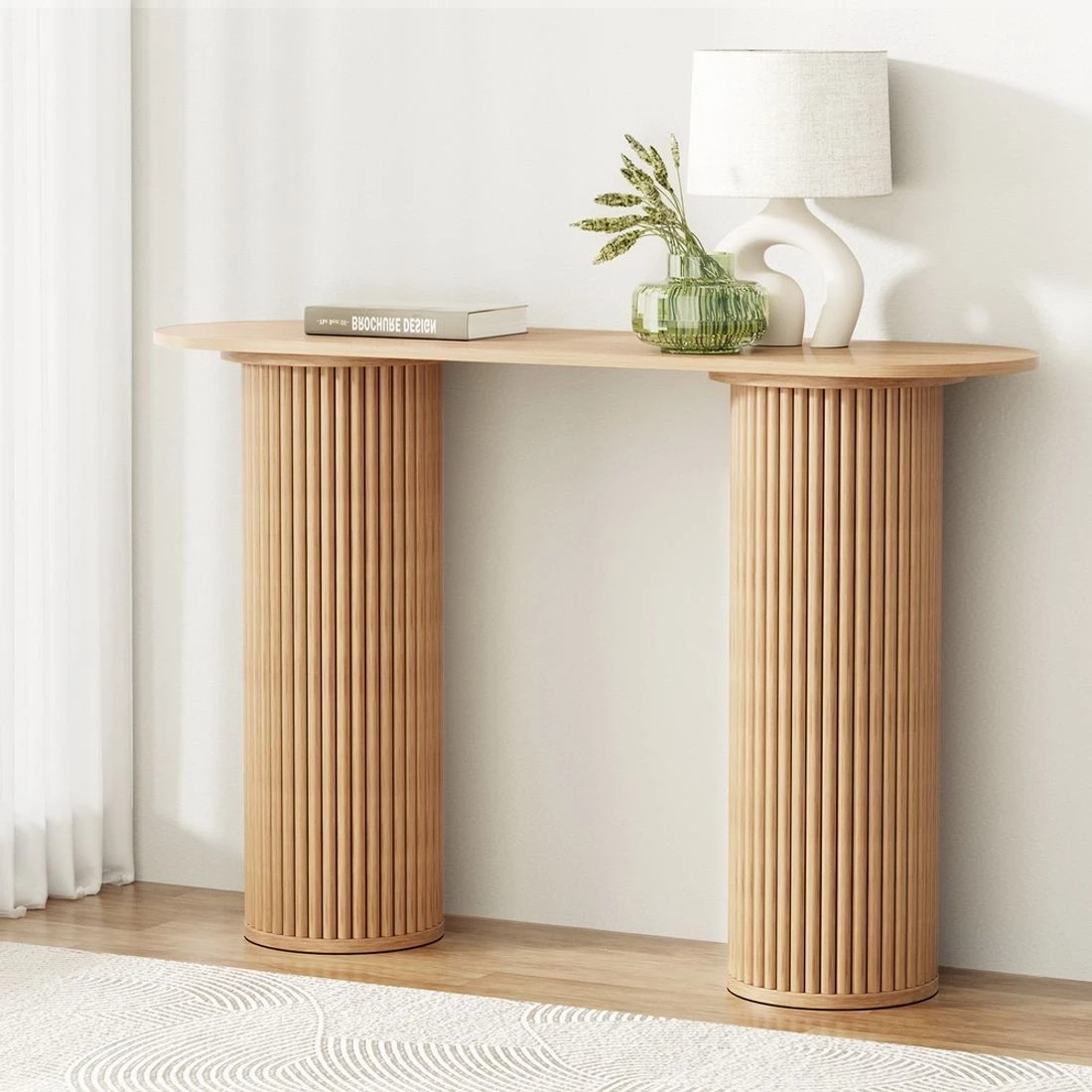 1 Artiss Console Table Oval 115CM Pine - Natural, 1 of 8