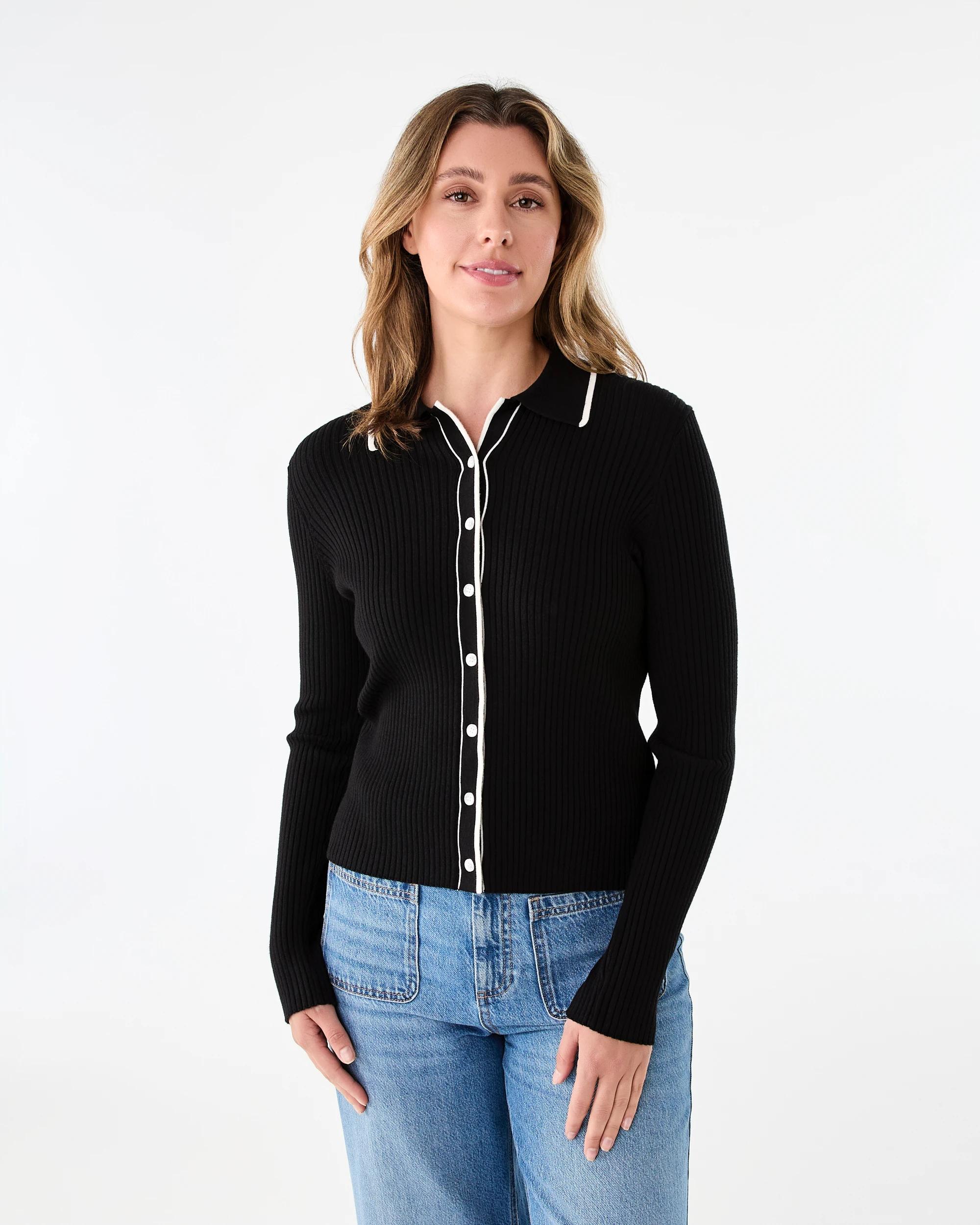 1 Long Sleeve Tipped Polo Top Black, 1 of 7