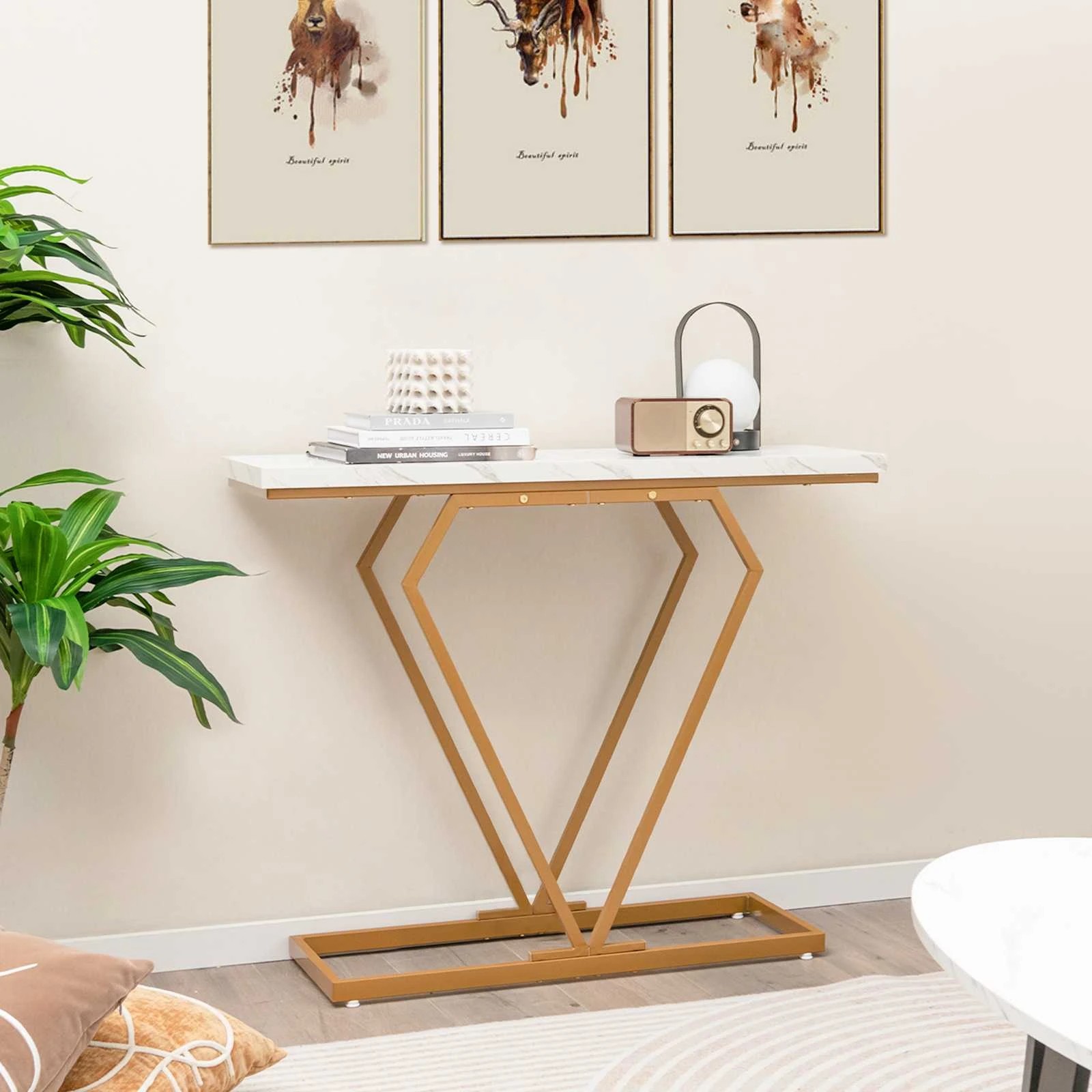2 Costway 100cm Console Table Narrow Accent Table Faux Marble Entryway Table Gold, 2 of 4