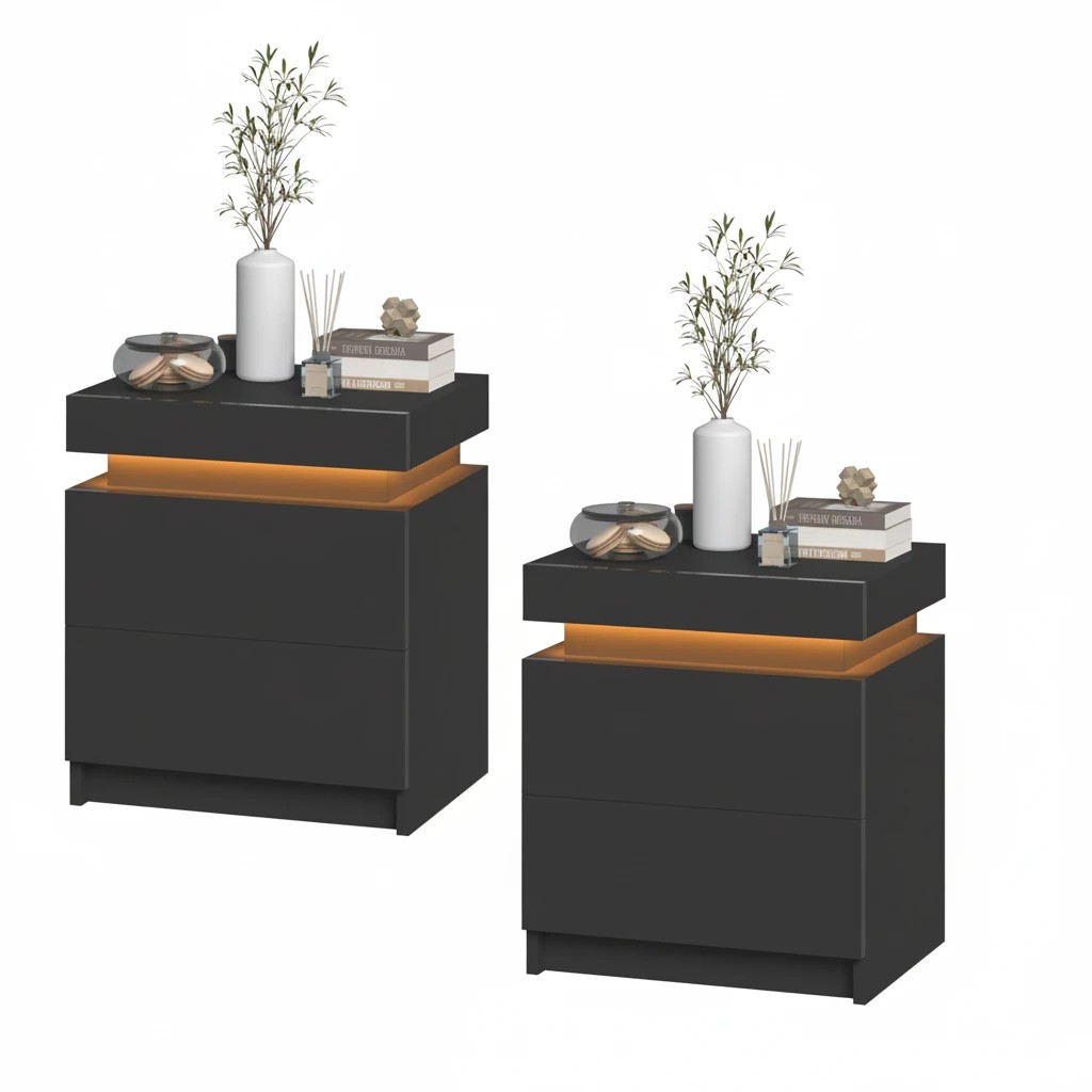 1 Advwin Set of 2 LED Bedside Table 2 Drawers Lift Up Nightstand, 1 of 8