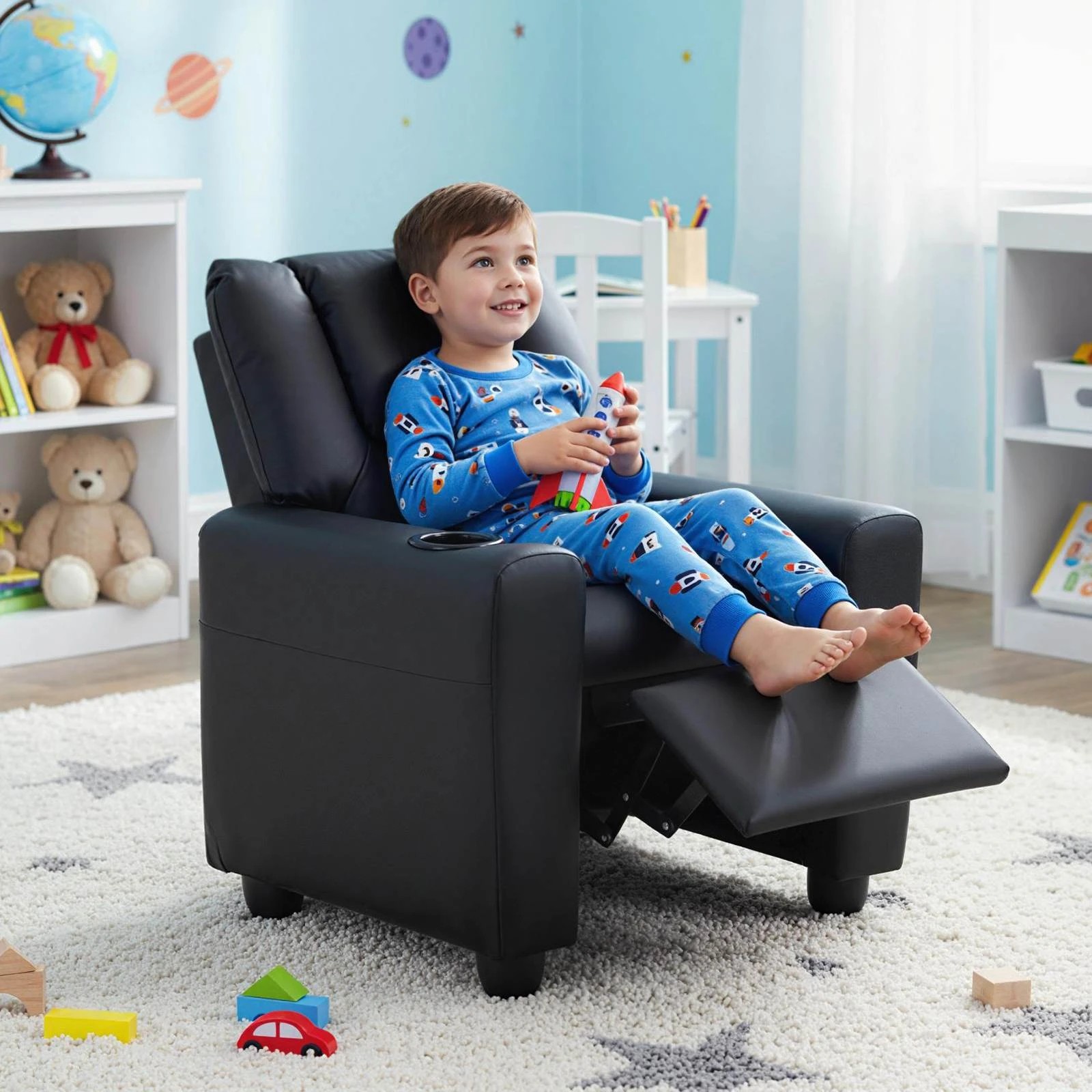 2 Costway Recliner Chair PU Leather Push Back Kids Sofa - Black, 2 of 2