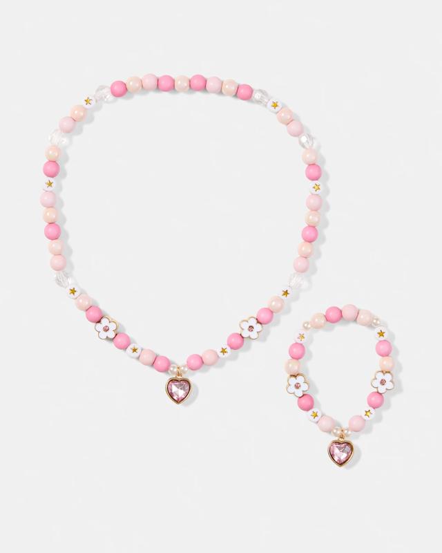 2 Pack Heart Necklace and Bracelet Set - White and 