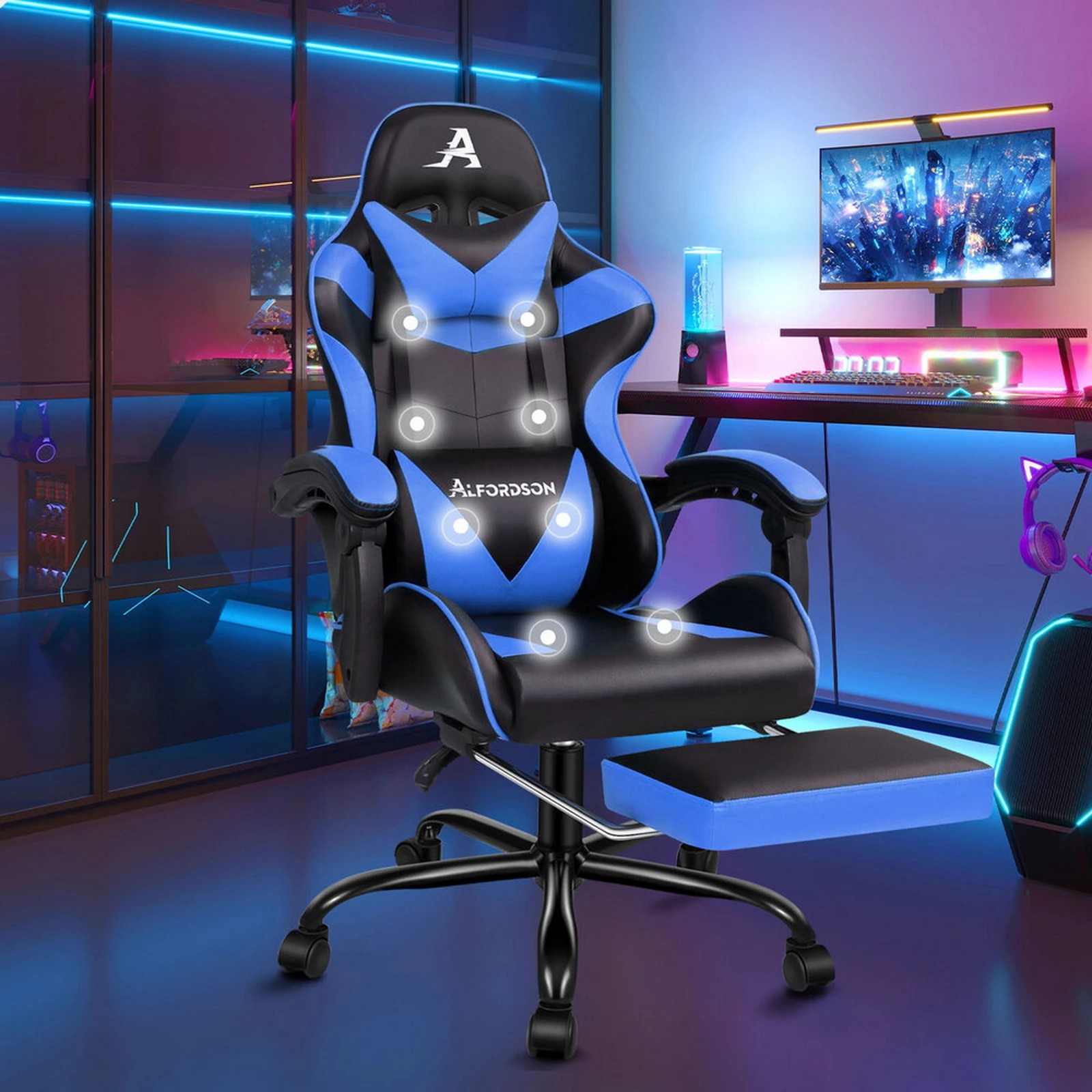 10 Alfordson Gaming Chair Office Massage Computer Racing Seat PU Leather - Blue, 10 of 10