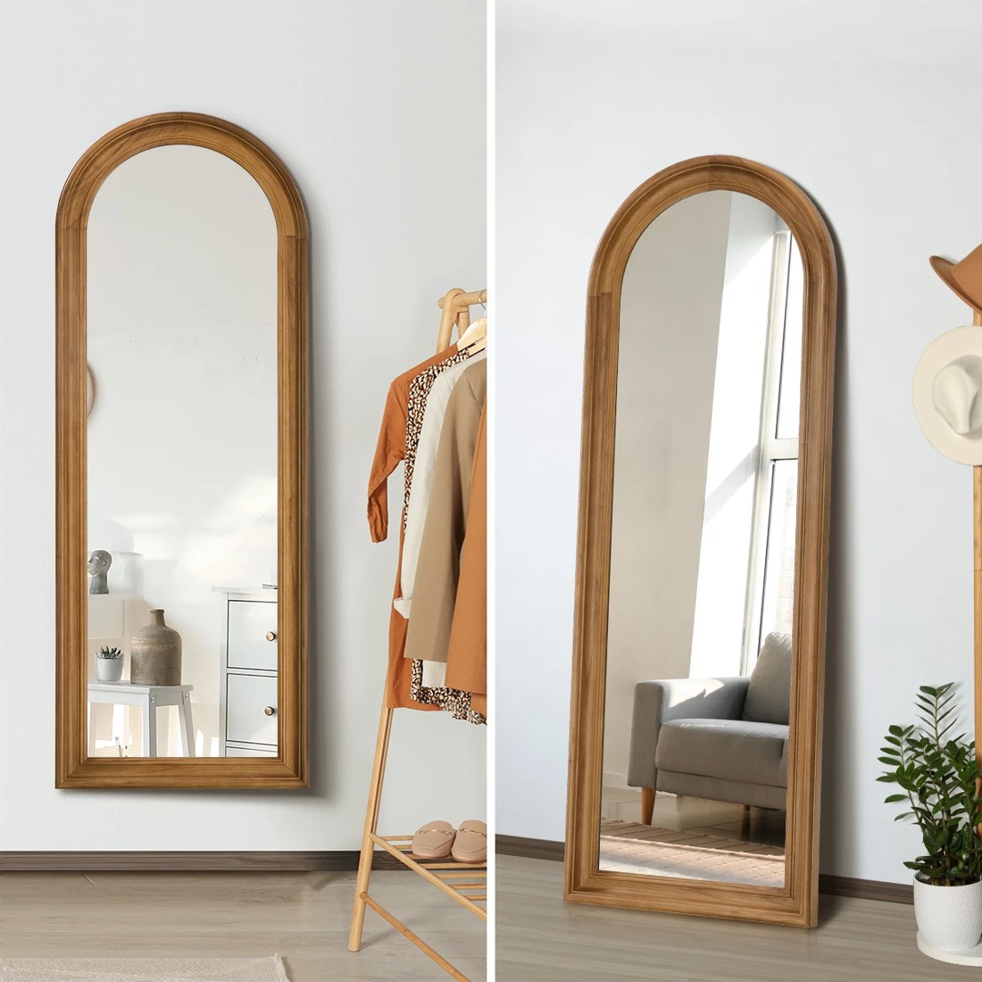 5 Oikiture Full Length Mirror Elegance Arch 165x60cm Wood Floor Mirrors - Brown, 5 of 10
