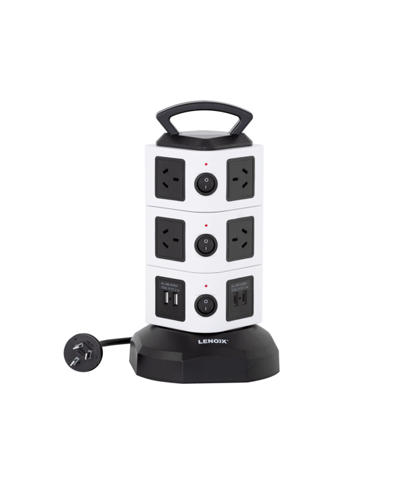 Lenoxx Tower Power Board with 10 Outlets + 2X USB A & 2X USB C