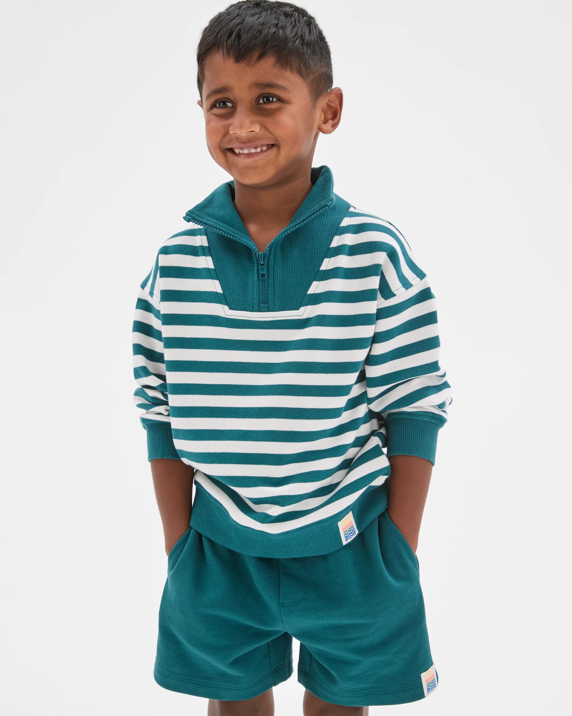 1 Target Kids Australian Cotton 1/4 Zip Jumper & Shorts 2 Piece Set GREEN STRIPE, 1 of 7