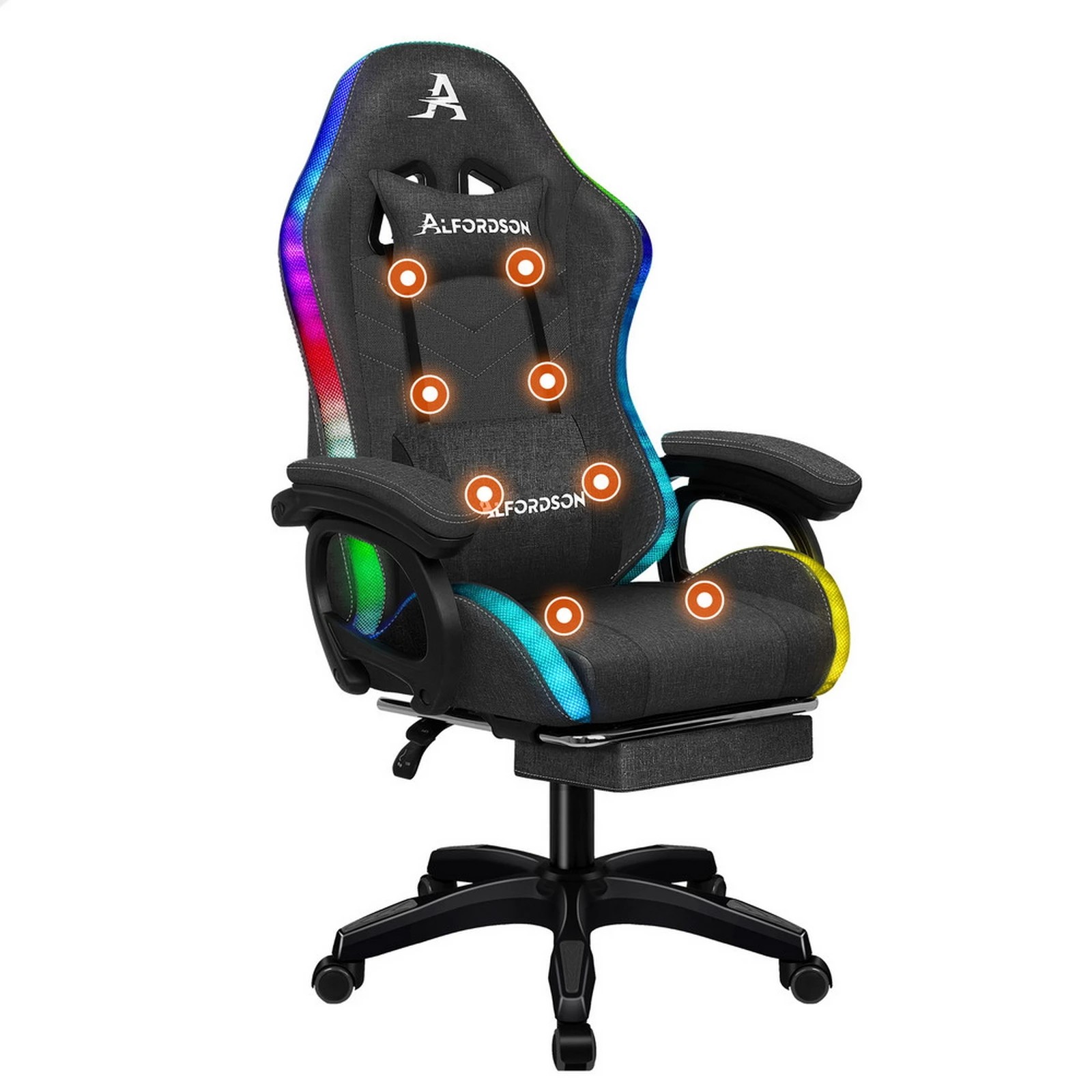 1 Alfordson Gaming Chair Office 12 RGB LED Massage Computer Seat Fabric - Grey, 1 of 10