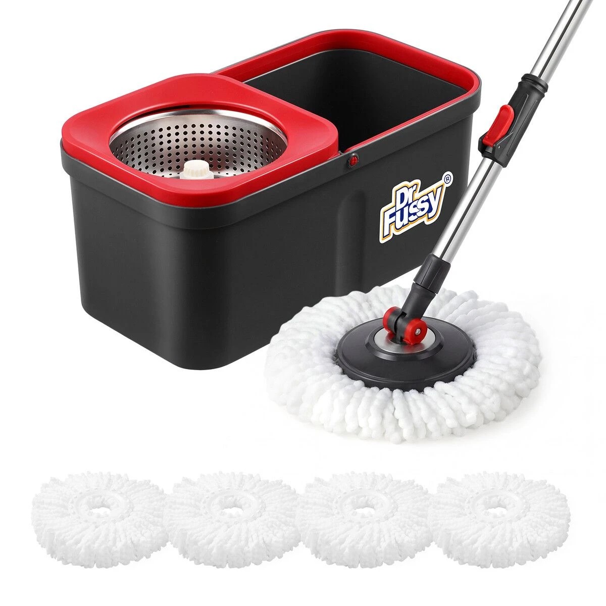 3 Dr FUSSY Spin Mop and Bucket Set Tile Hard Wood Floor Cleaner 4 Microfibre Heads, 3 of 3