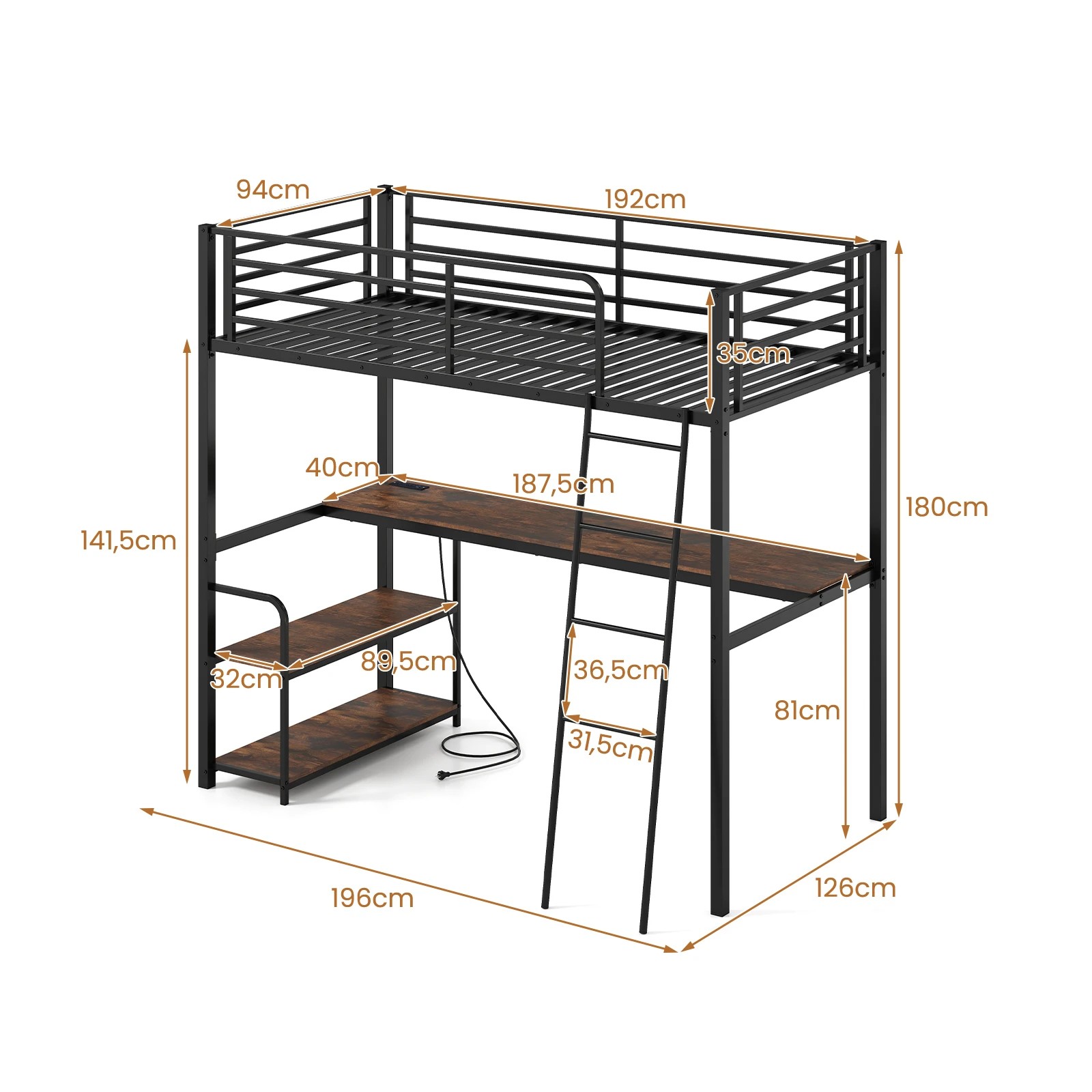 Costway Single Loft Bed Frame 2-in-1 Metal Bunk Bed w/Desk & Charging