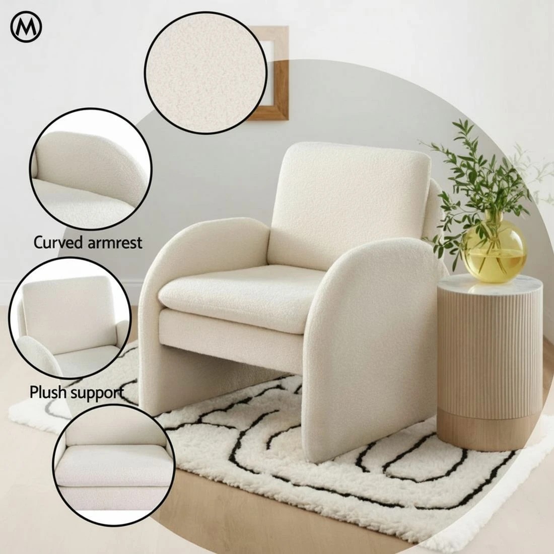 4 Artiss Armchair Accent Chair Lounge Tub Sofa Couch Curved Arm Seat Boucle - White, 4 of 5