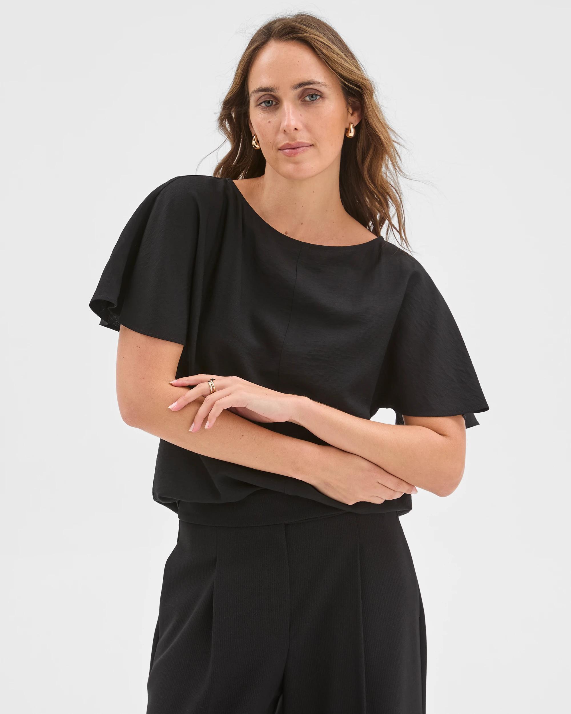 2 Preview Short Flutter Sleeve Textured Blouse BLACK, 2 of 6