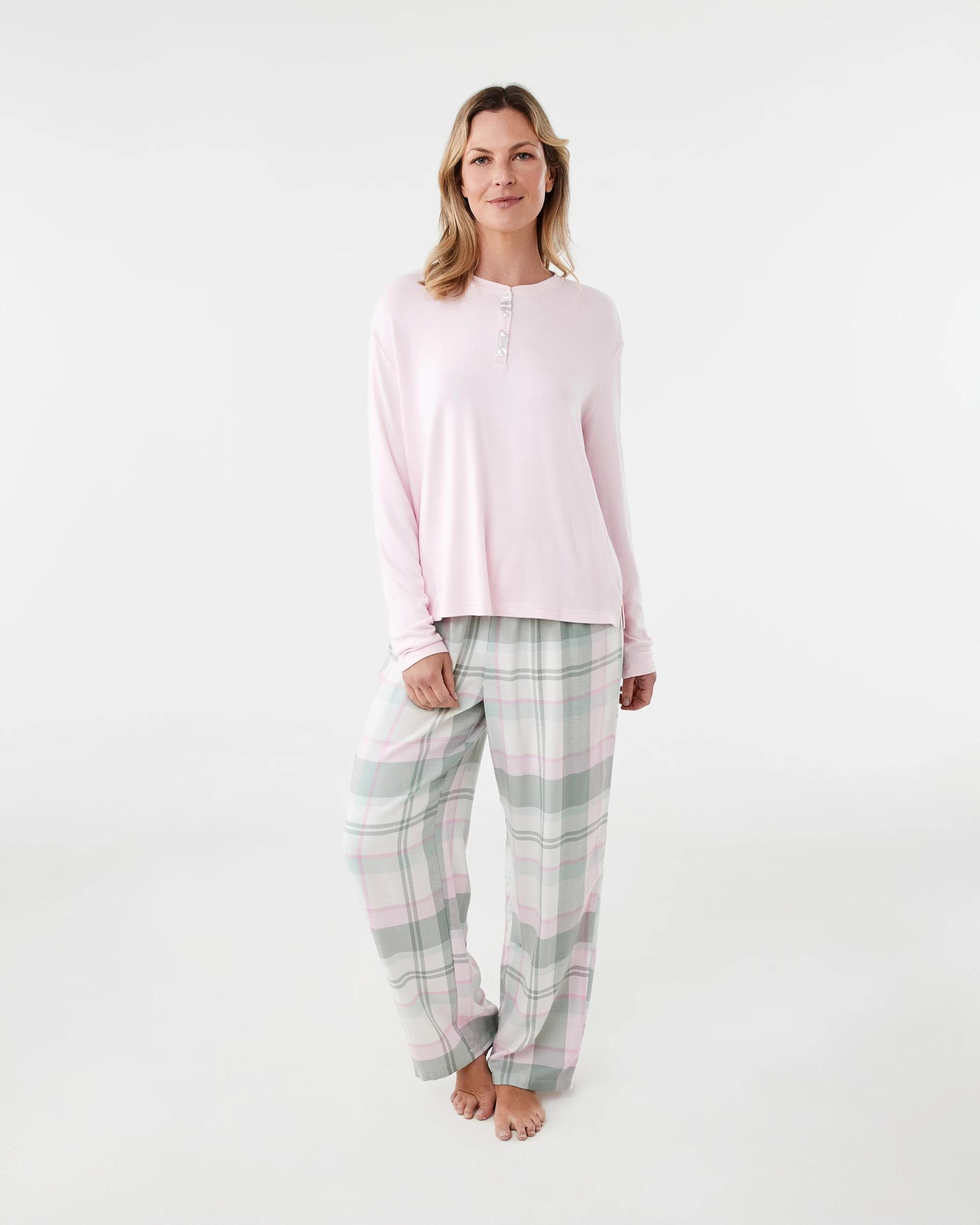 1 Supersoft Henley Top and Flannel Pants Pyjama Set Chk Gn Pik, 1 of 8