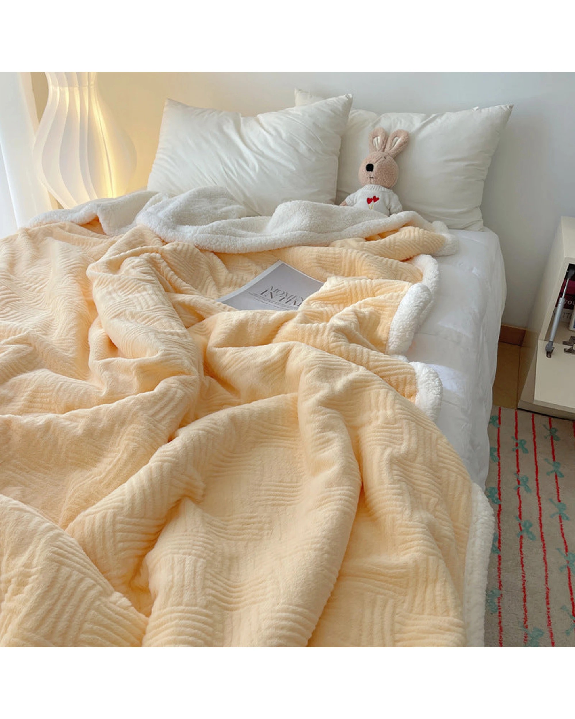 3 Cotton More Large Faux Rabbit Plush Blanket Throw 200x230cm Cream - Yellow, 3 of 7