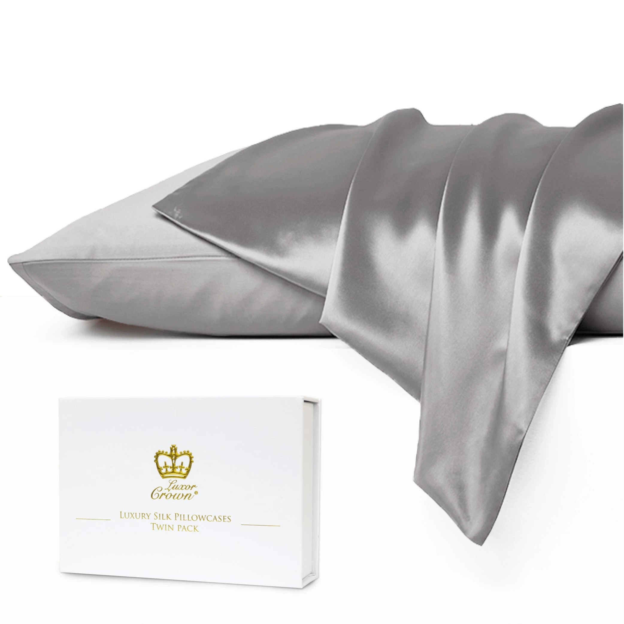 1 Luxor Crown Mulberry Silk Pillowcase (Twin Pack) - Grey, 1 of 2