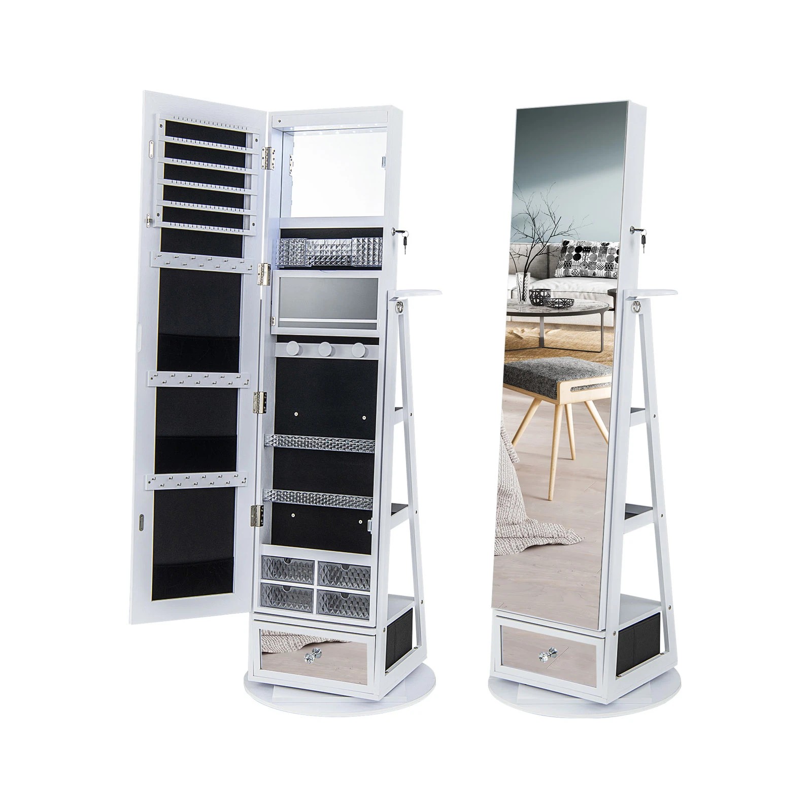 1 Costway Revolving Mirror Cabinet Jewelry Storage Cupboard w/Vanity Table Storage Shelves - White, 1 of 4