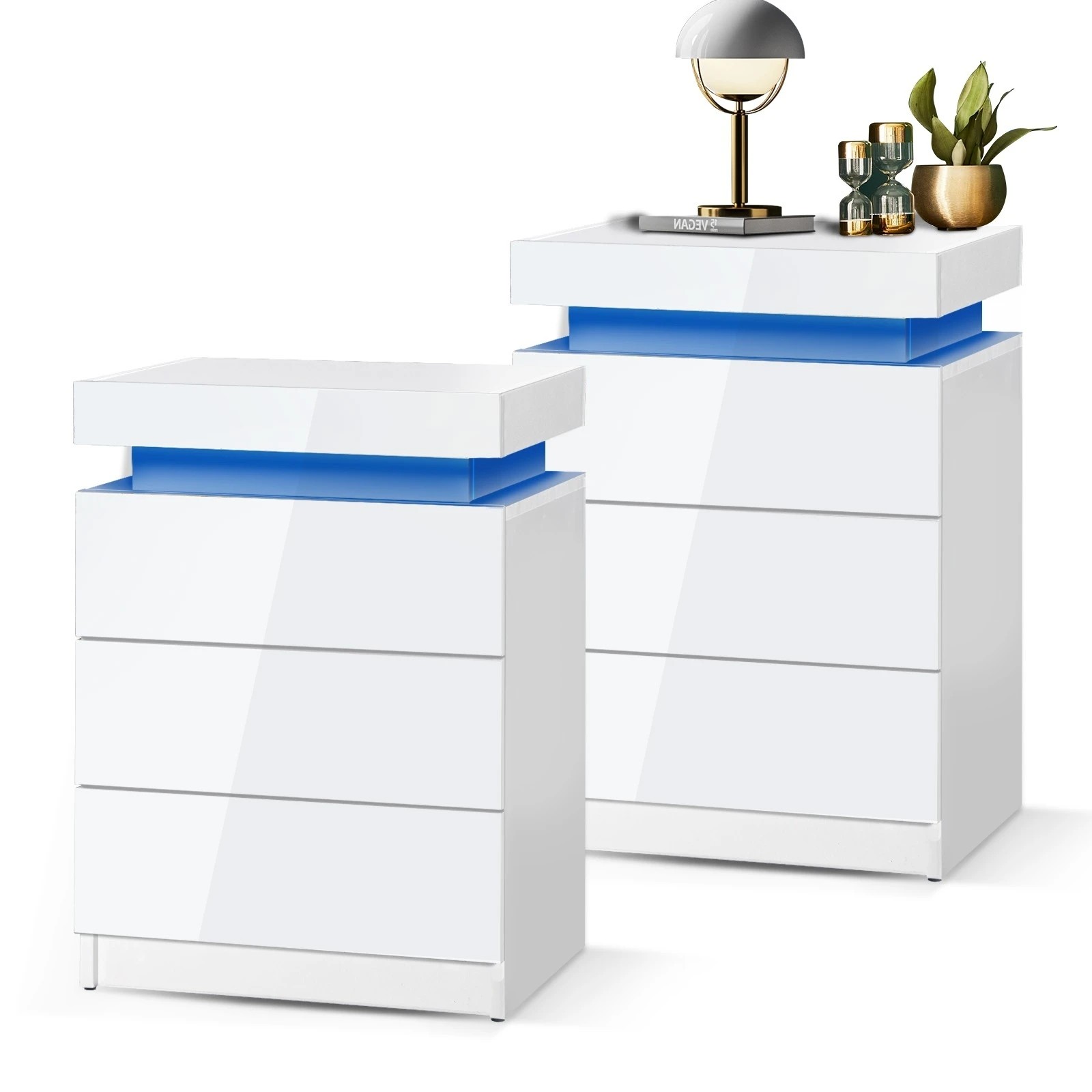 3 Oikiture Bedside Tables Set of 2 LED Nightstand Cabinet Side Table - White, 3 of 4