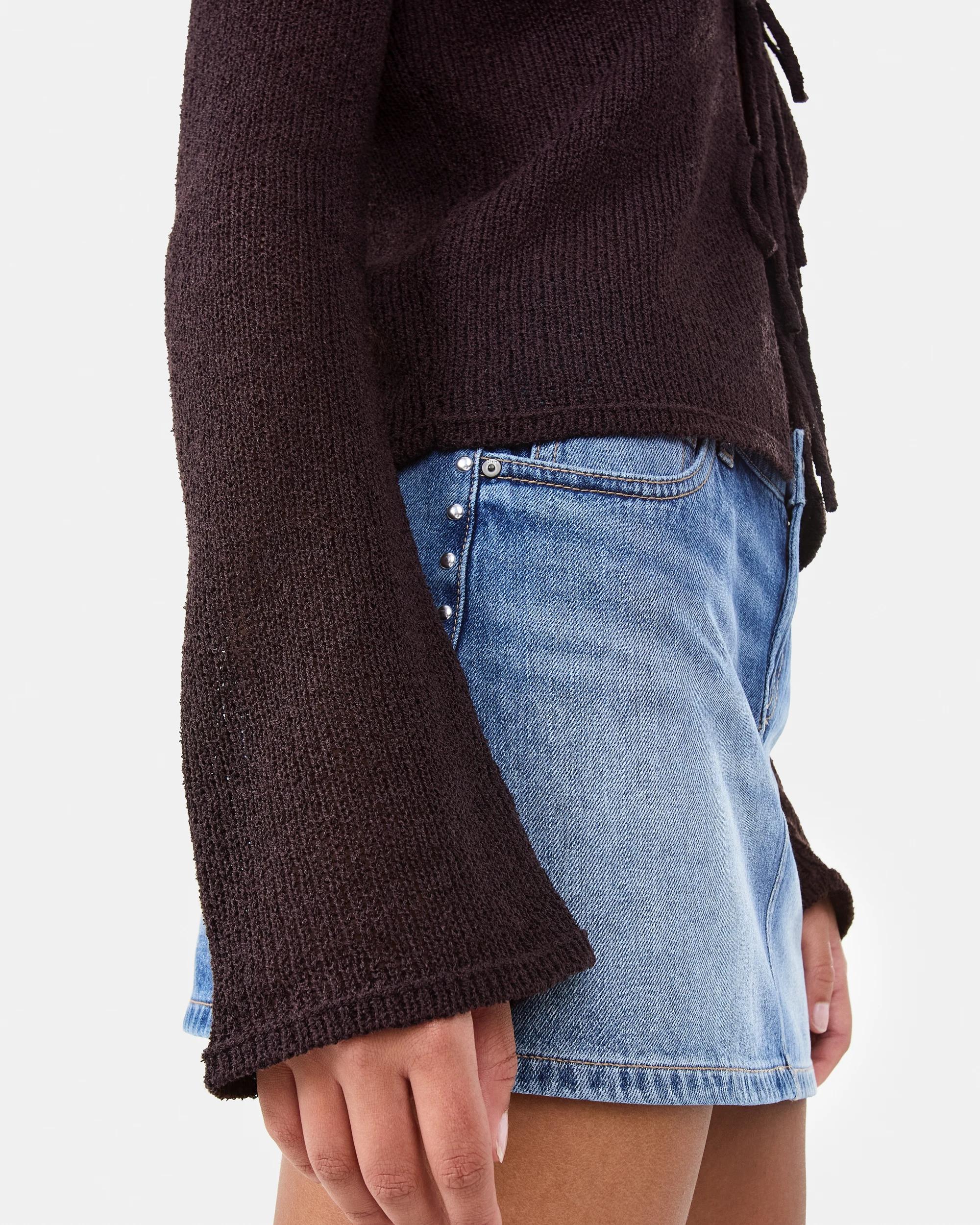 7 Long Sleeve Open Tie Knit Cardigan Choc Plum, 7 of 7