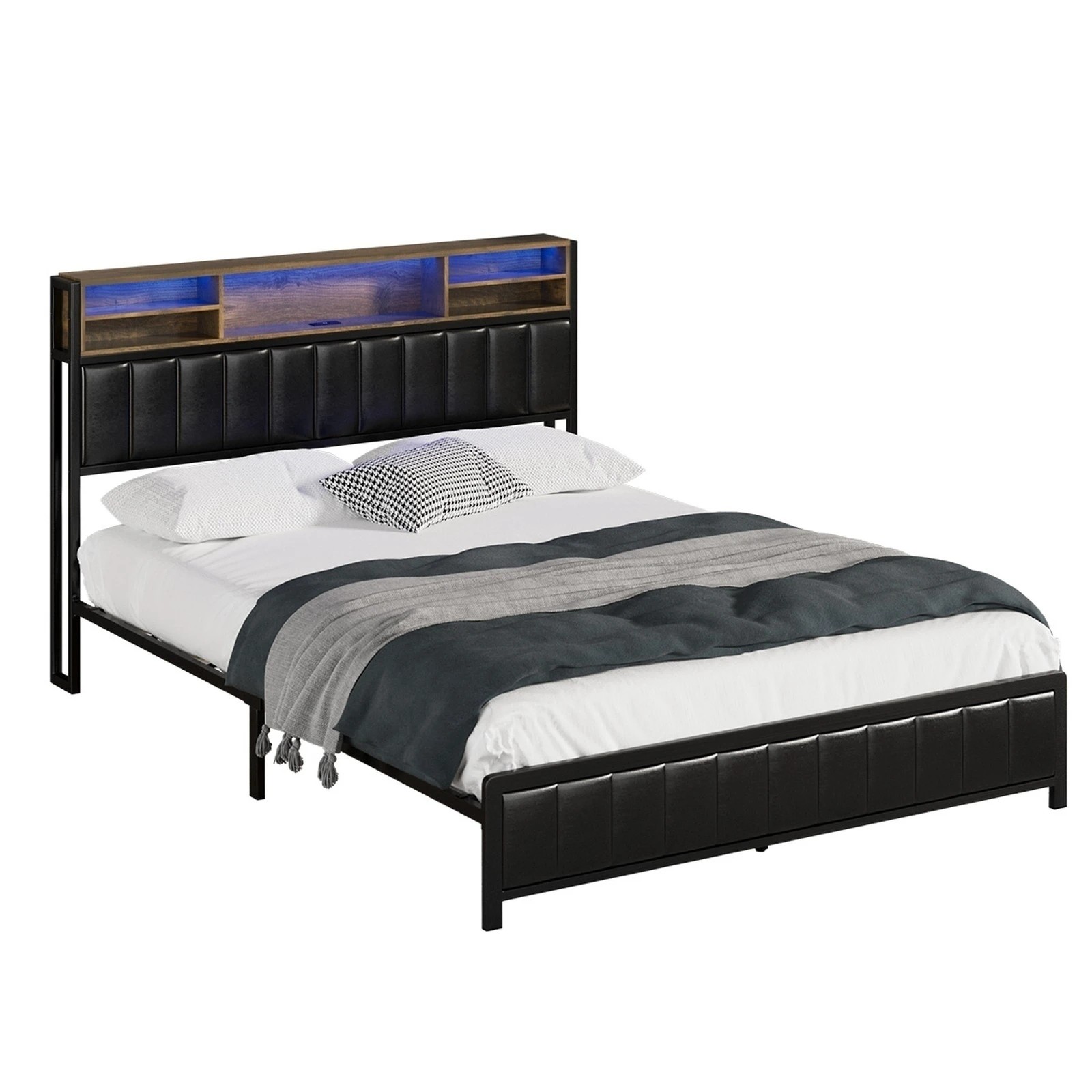 1 Oikiture Bed Frame Queen Size LED Storage Headboard With USB Charge - Black, 1 of 9