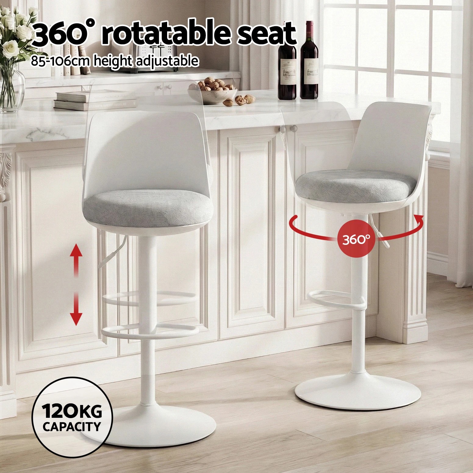 2 Artiss 2x Bar Stools Kitchen Swivel Gas Lift Counter Dining Chair Curved - White, 2 of 7