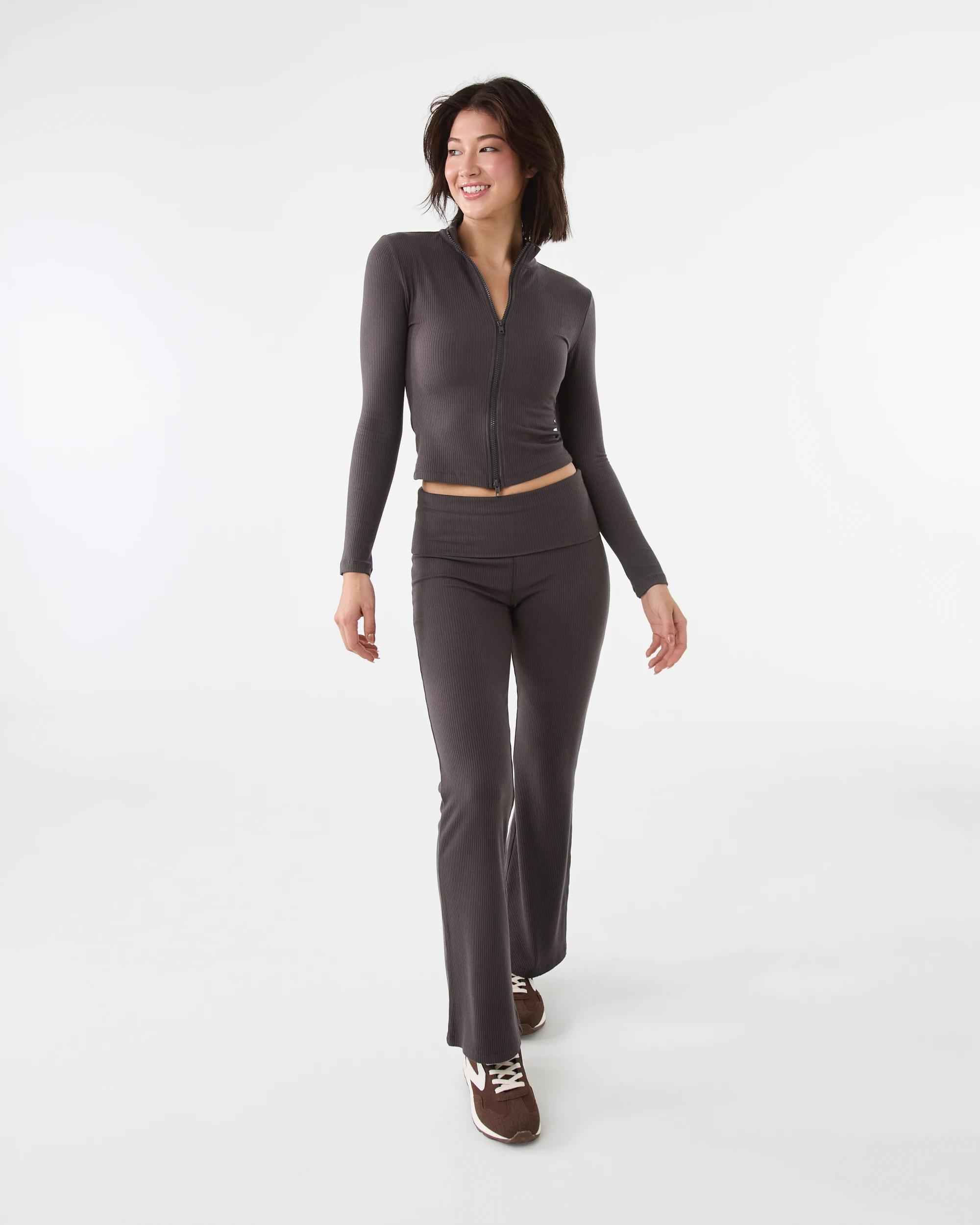 2 Active Womens Ribbed Zip Through Long Sleeve Top Espresso, 2 of 10