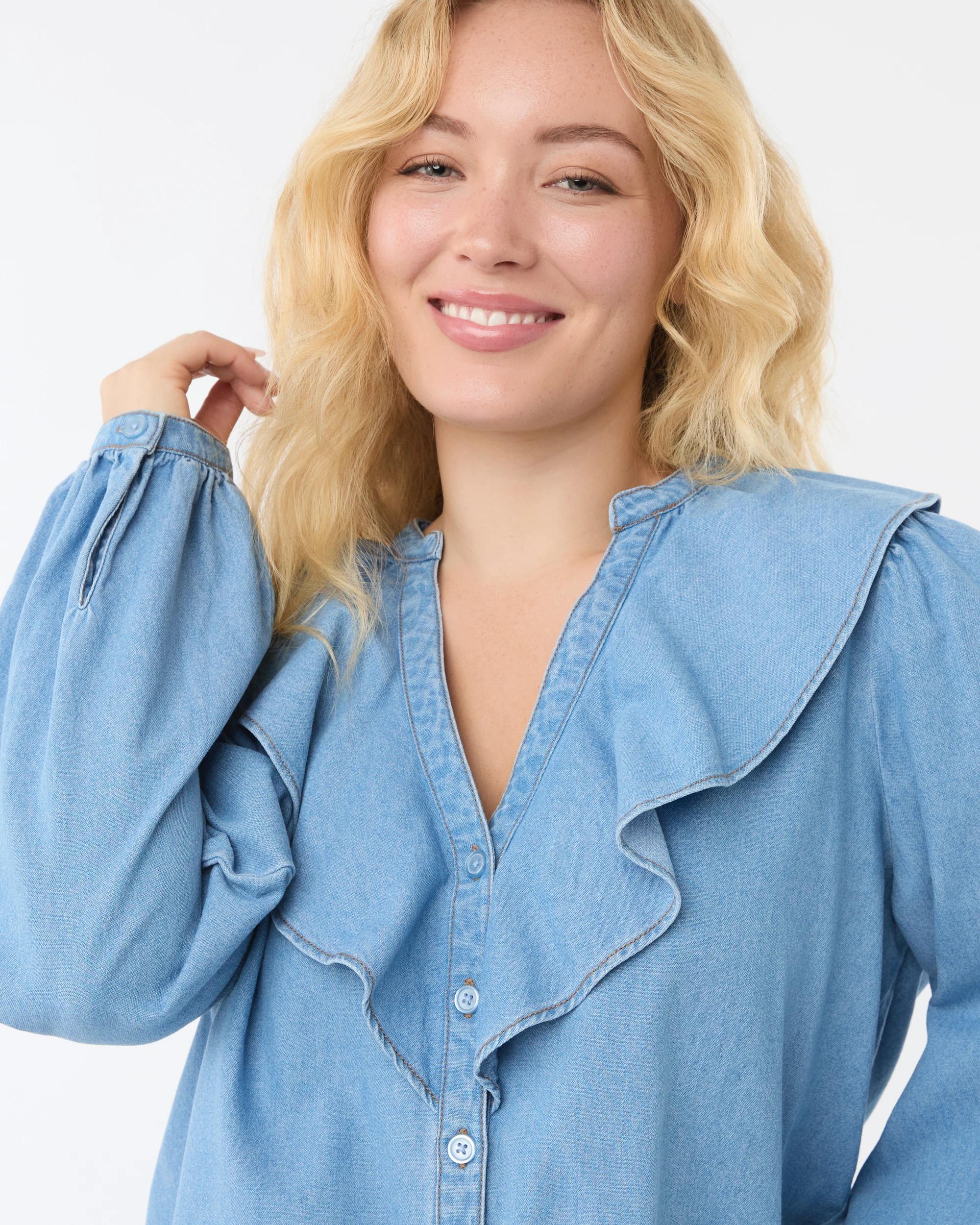 5 Long Sleeve Chambray Frill Button Through Top Light Wash, 5 of 7