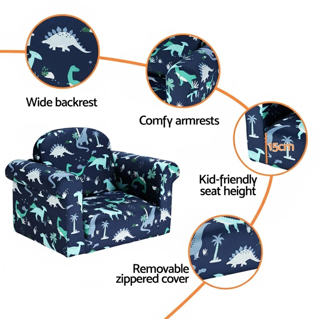 5 Keezi Kids Sofa 1 Seater Children Flip Open Couch Lounger Armchair Dinosaur Navy - Natural, 5 of 5