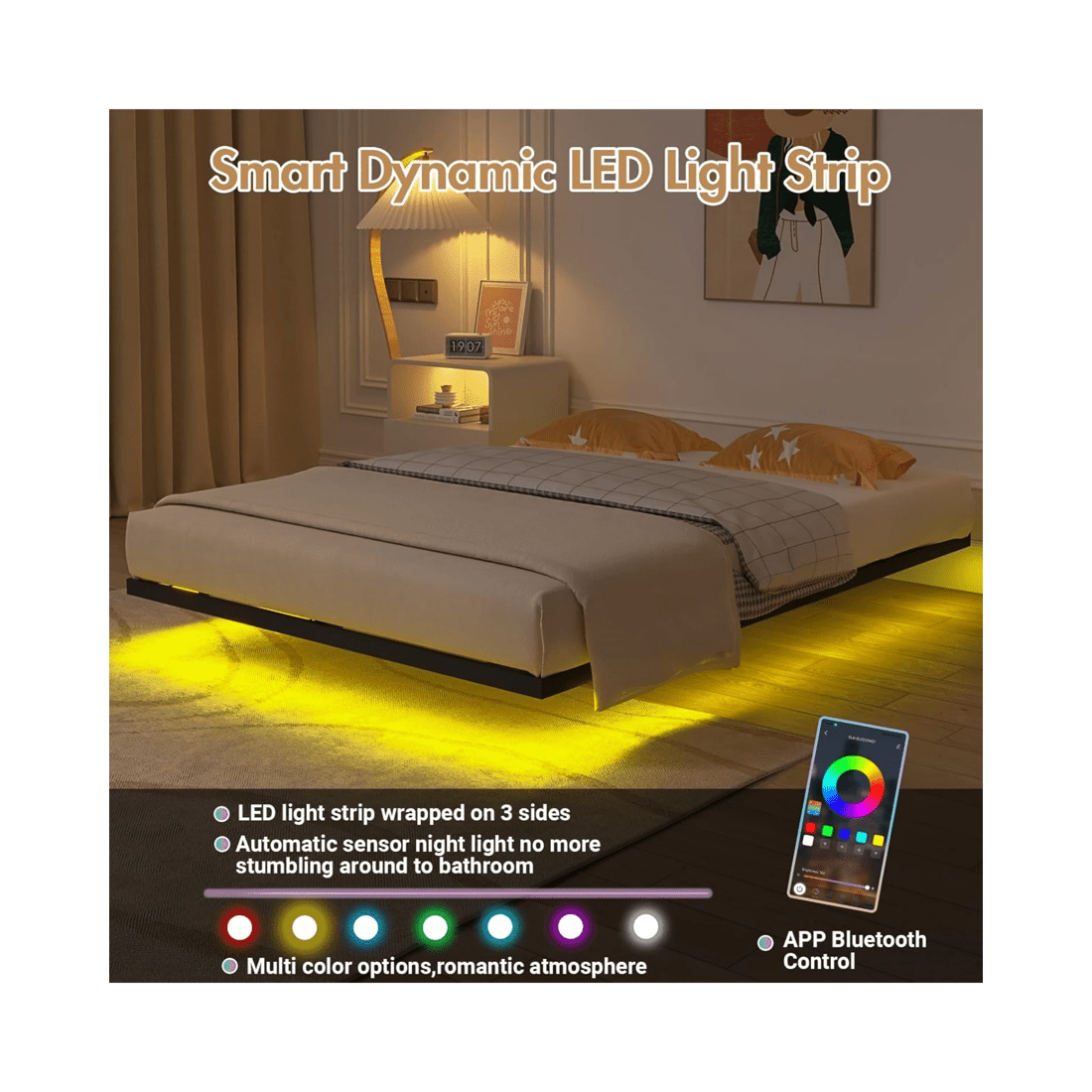 5 Advwin Double Floating Bed Frame With LED Lights Metal Platform Black, 5 of 10