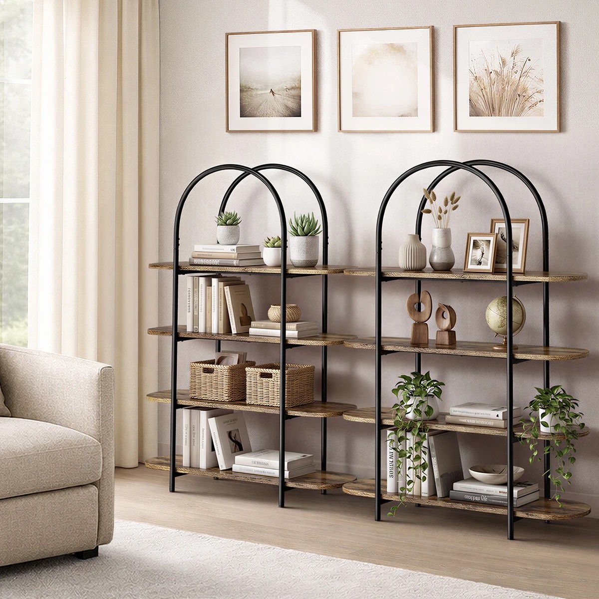 3 Oikiture Bookshelf 4 Tier Arched Display Shelf Home Industrial - Natural, 3 of 9