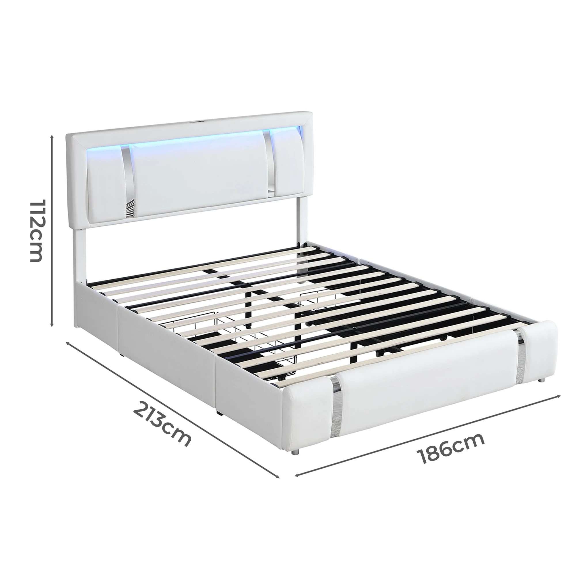 3 Levede King Bed Frame PU with LED USB and 2 Drawers - White, 3 of 9