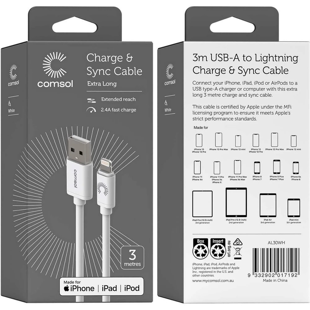 6 Comsol Lightning to USB Cable 3m White, 6 of 6