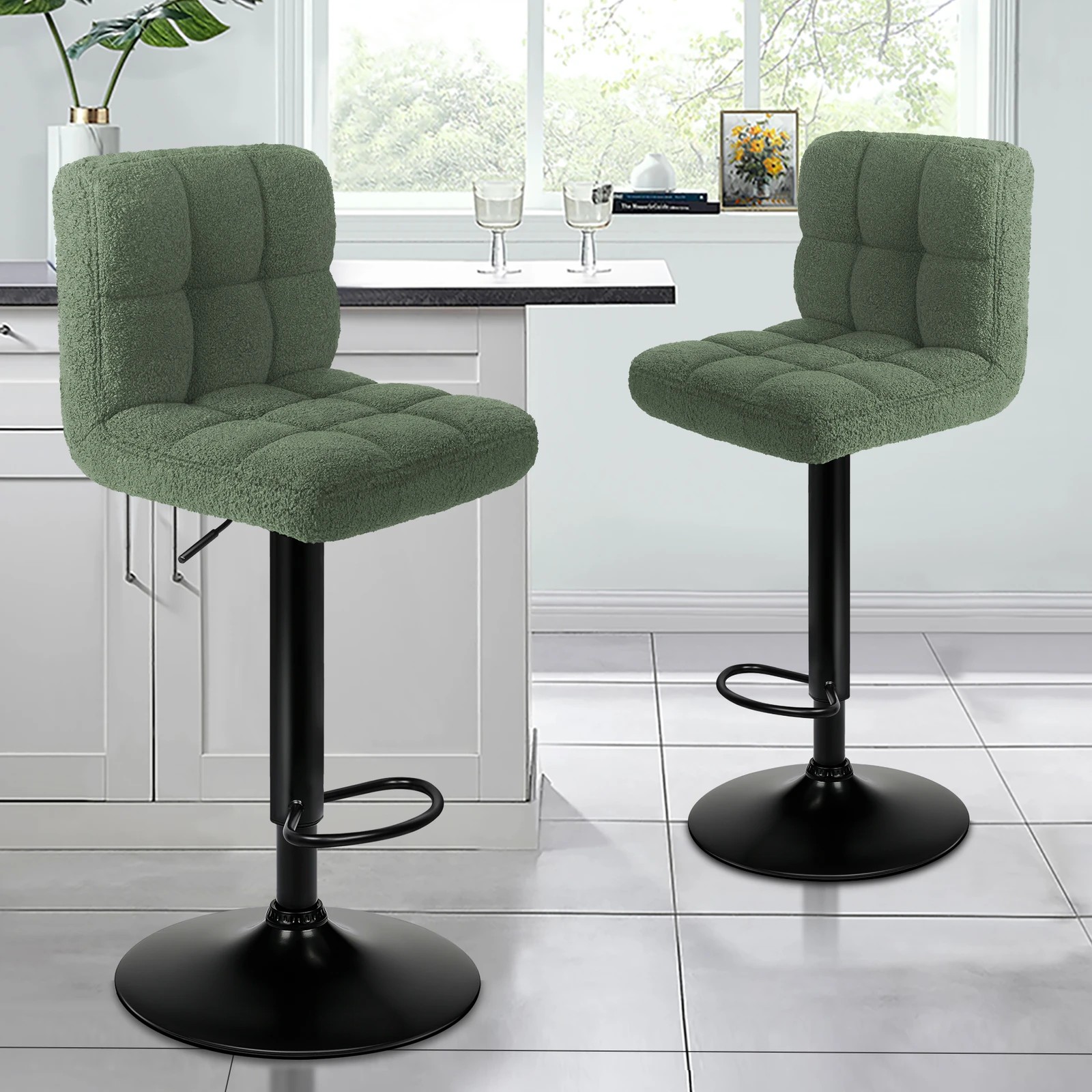 2 Alfordson 2x Bar Stools Ralph Kitchen Swivel Chair Boucle Gas Lift - Green, 2 of 10