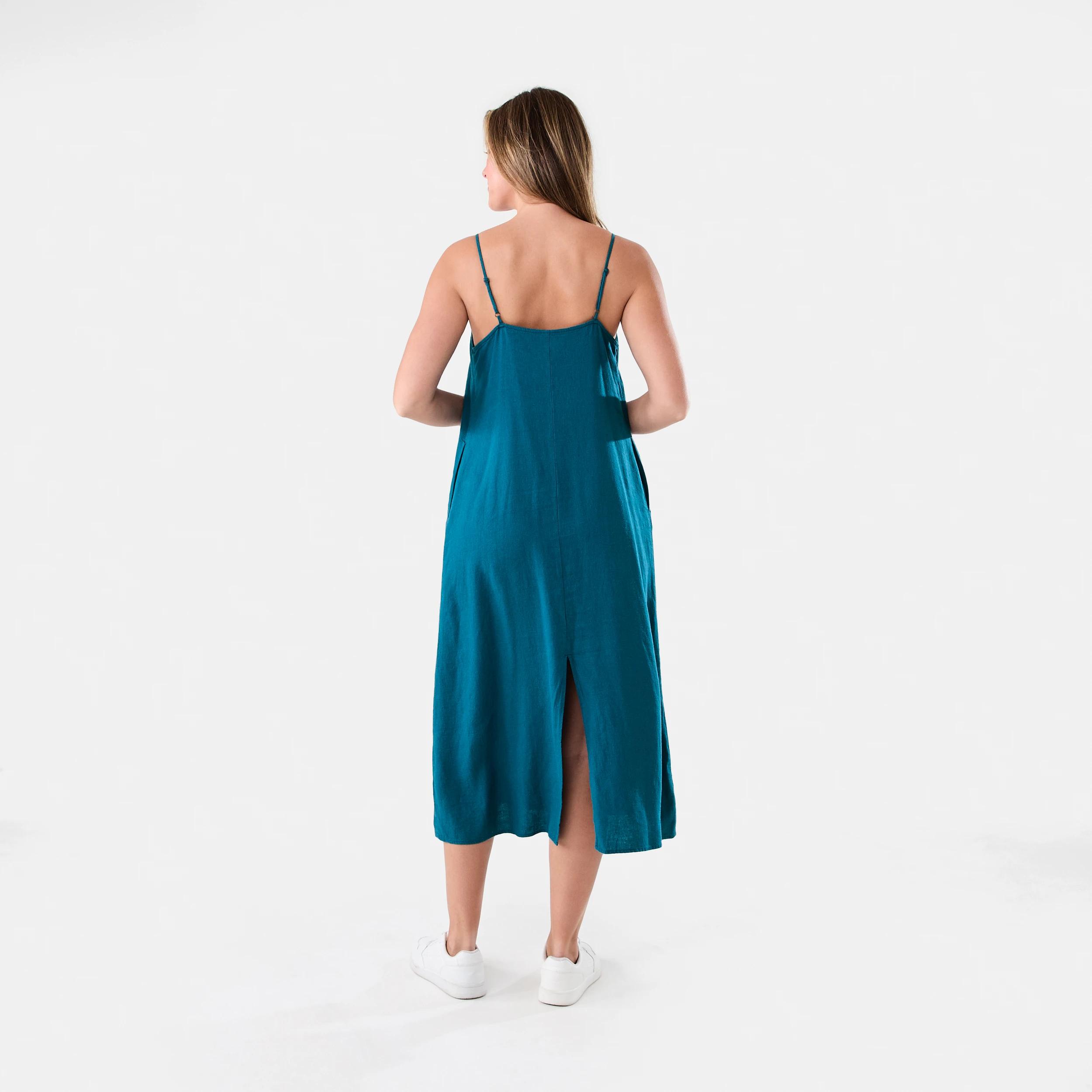 3 Sleeveless V-Neck Linen Blend Midi Dress Teal Coral, 3 of 6