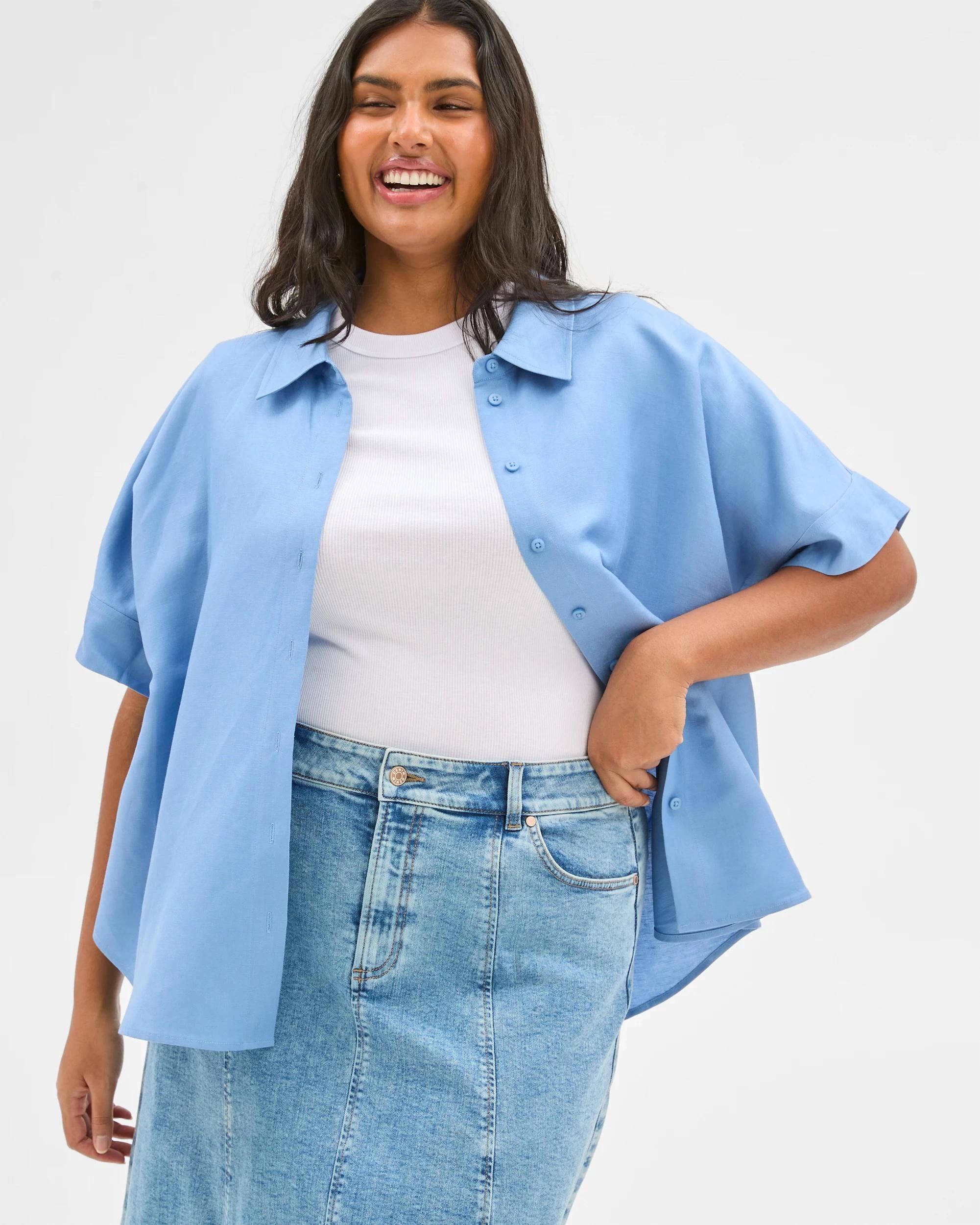 2 Target Plus Size European Linen Blend Boxy Shirt ASHLEIGH BLUE, 2 of 6