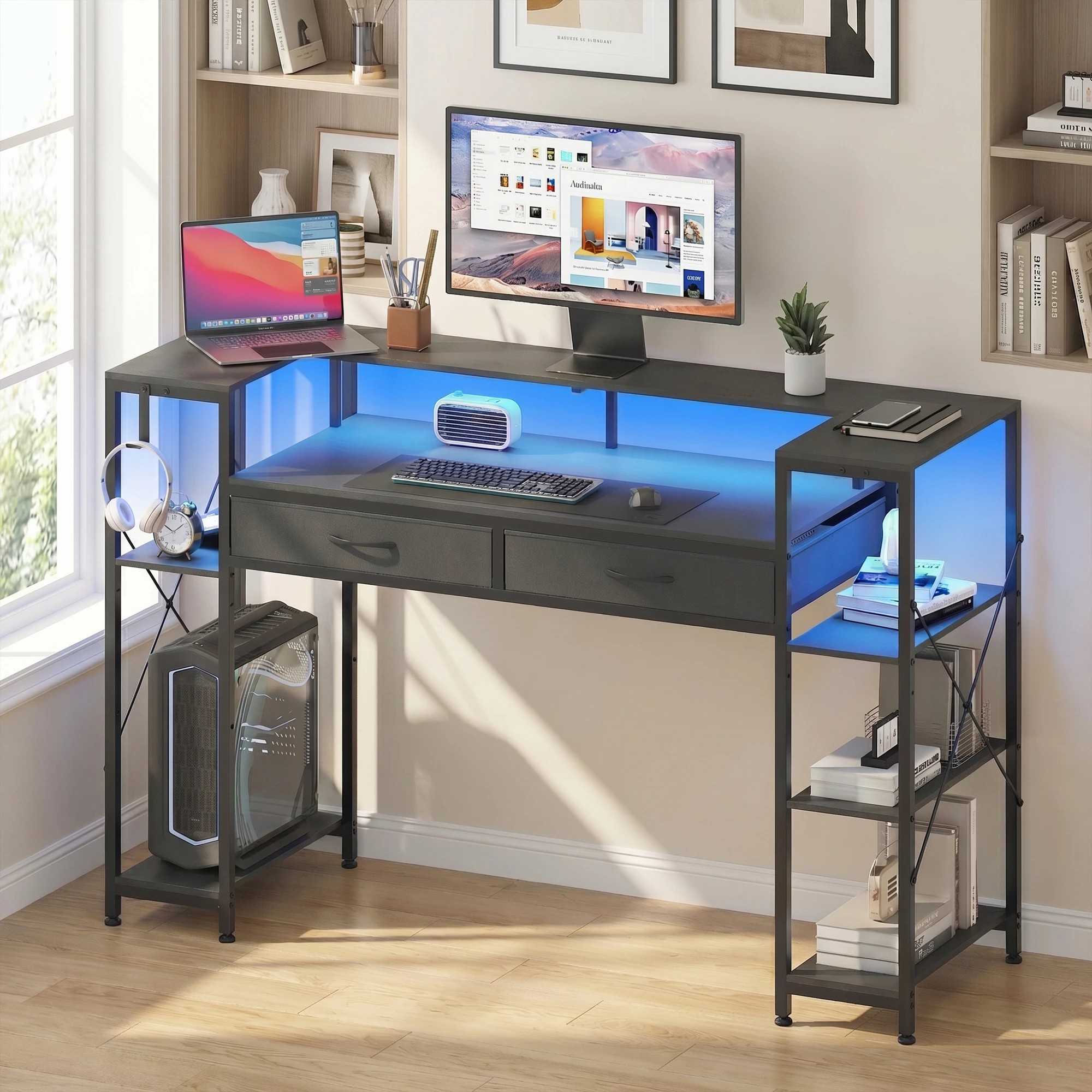 3 Advwin LED Gaming Desk w/ Monitor Stand & Power Outlets  Computer Table w/ Shelf hook - Black, 3 of 9