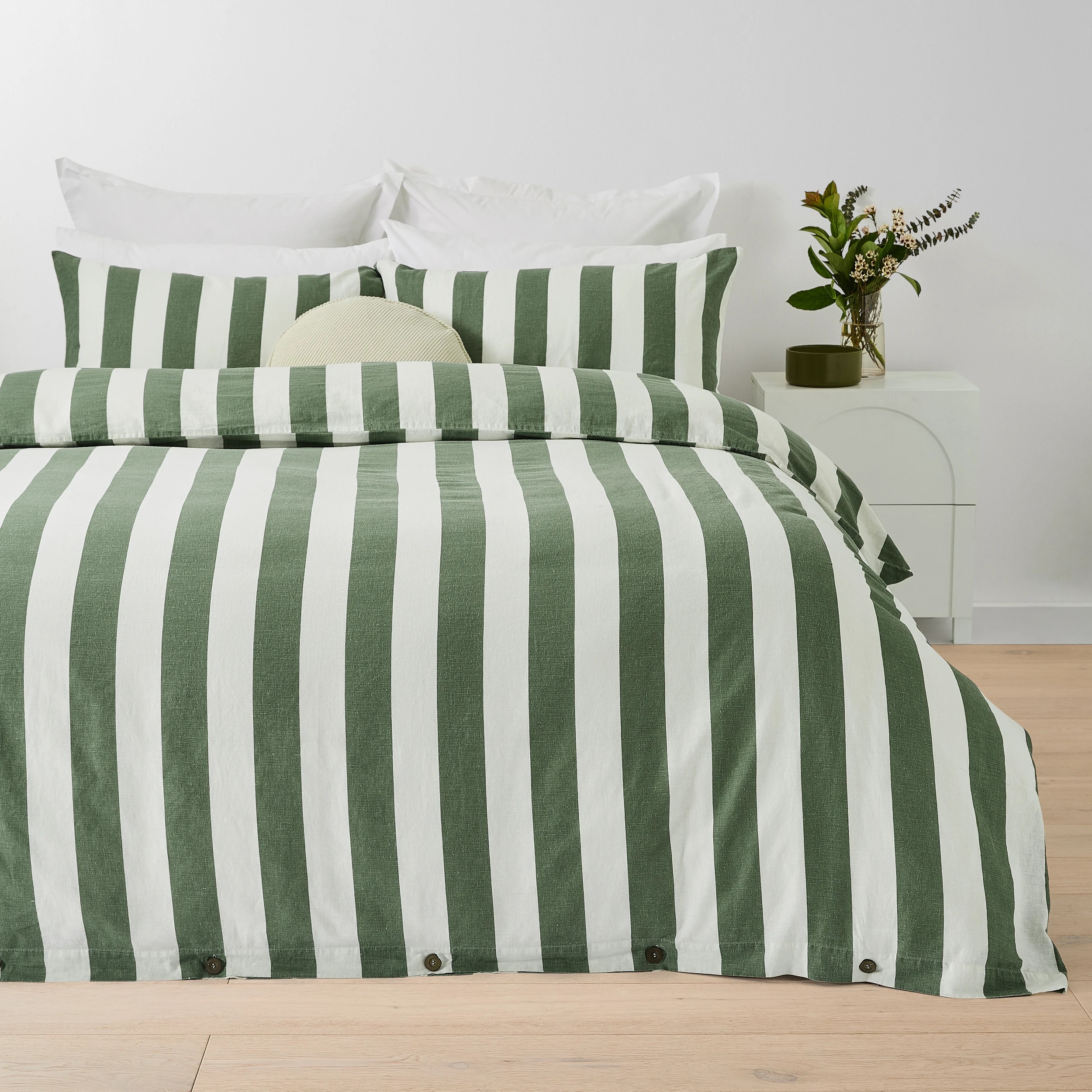1 Stripe Linen Cotton Quilt Cover Set - Queen Bed, Forest, 1 of 7